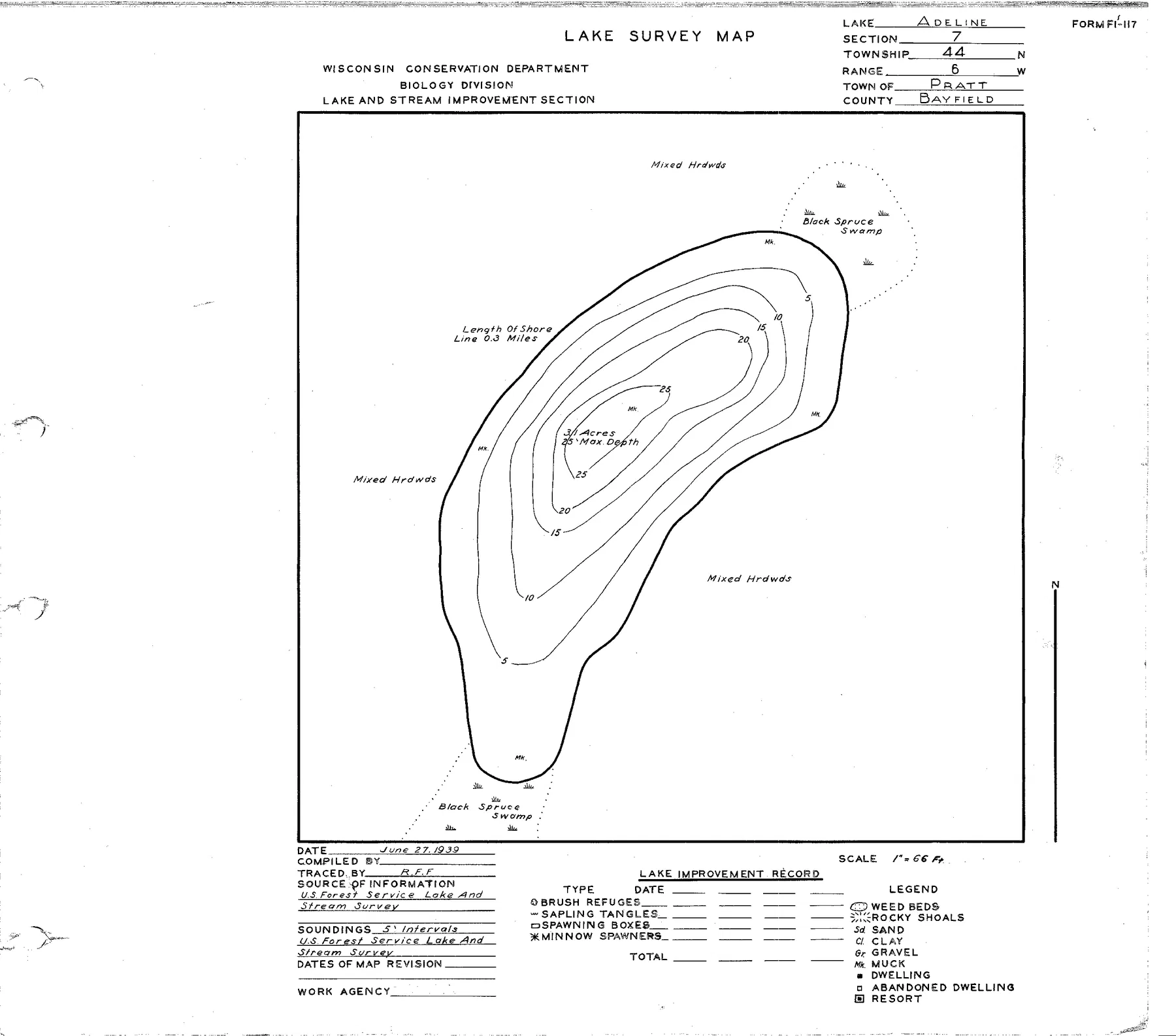 Adeline Lake historical Wisconsin DNR depth map sheet 1