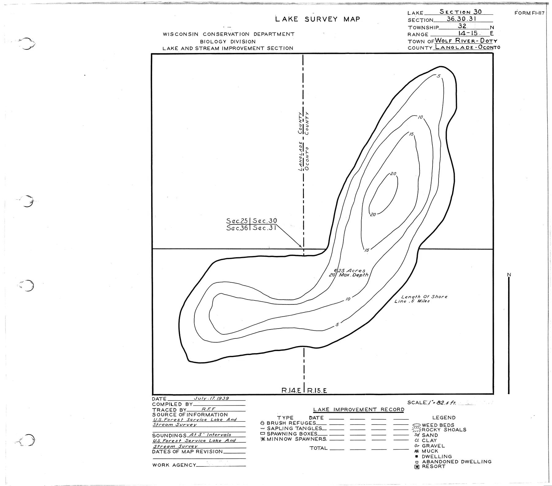 Section Thirty Lake historical Wisconsin DNR depth map sheet 1