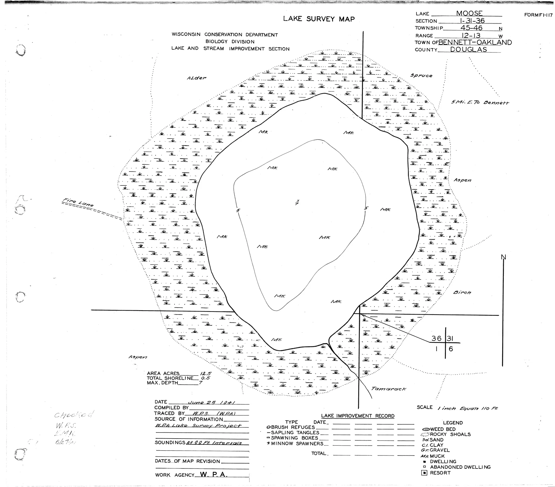 Moose Lake historical Wisconsin DNR depth map sheet 1