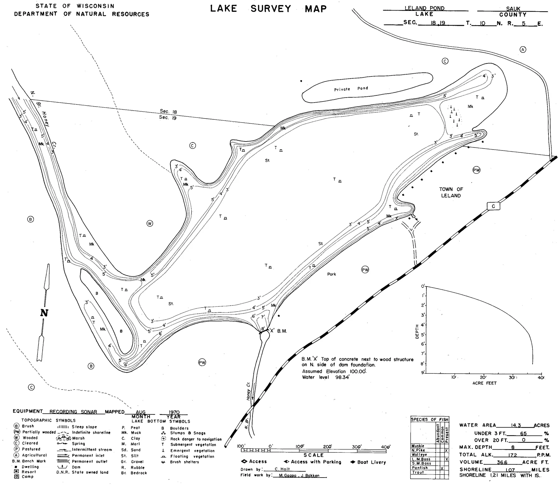 Leland Millpond historical Wisconsin DNR depth map sheet 1