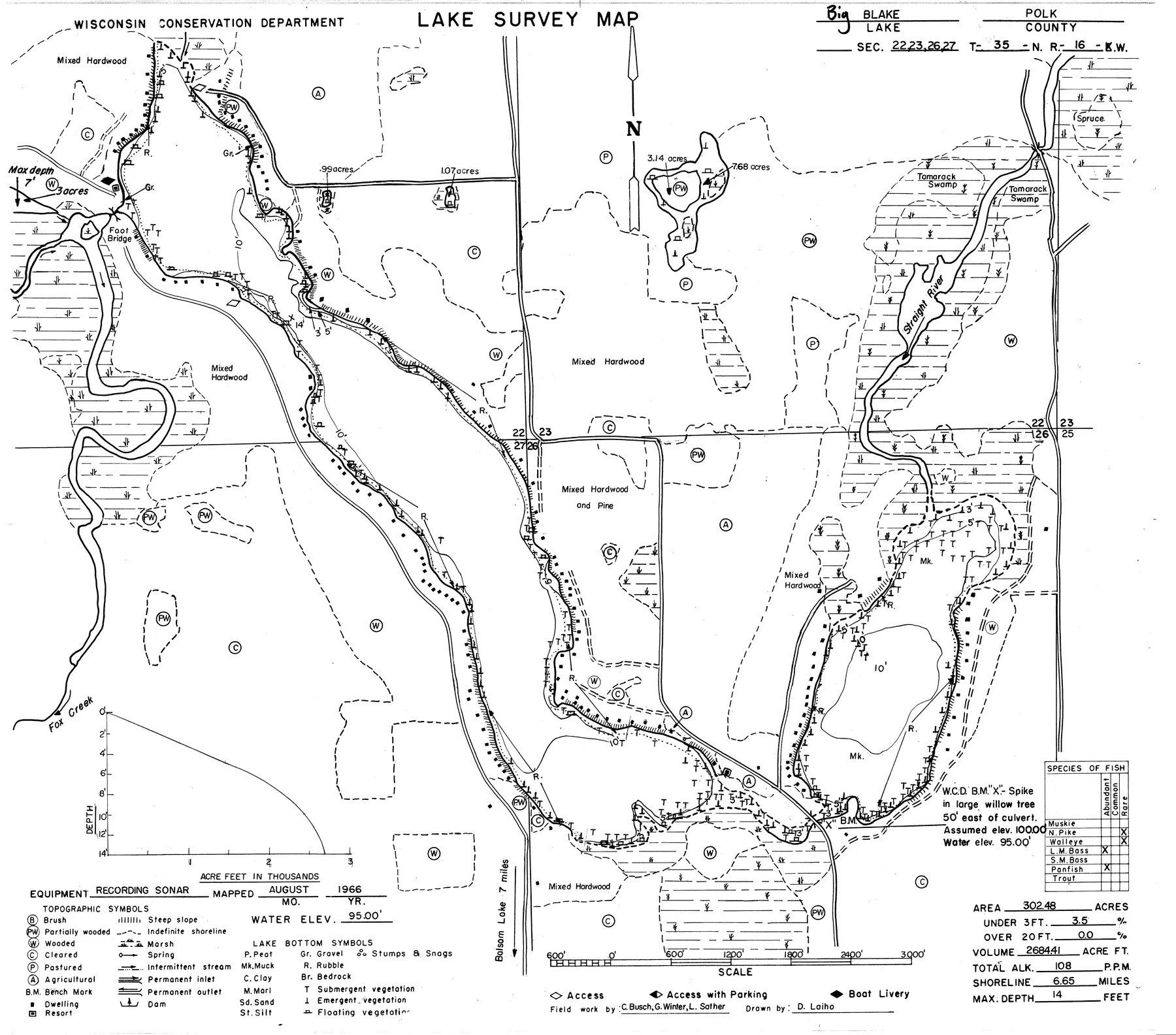 Big Blake Lake historical Wisconsin DNR depth map sheet 1