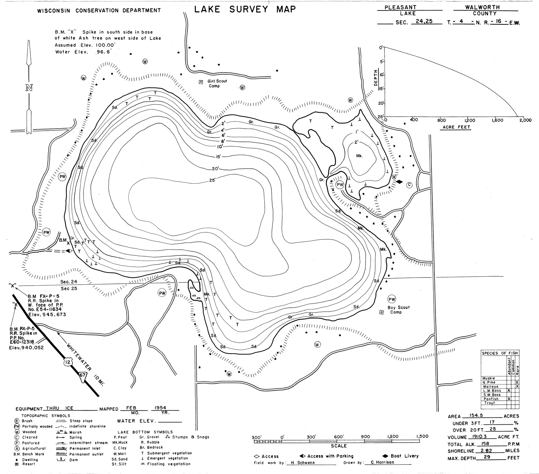 Pleasant Lake historical Wisconsin DNR depth map sheet 1