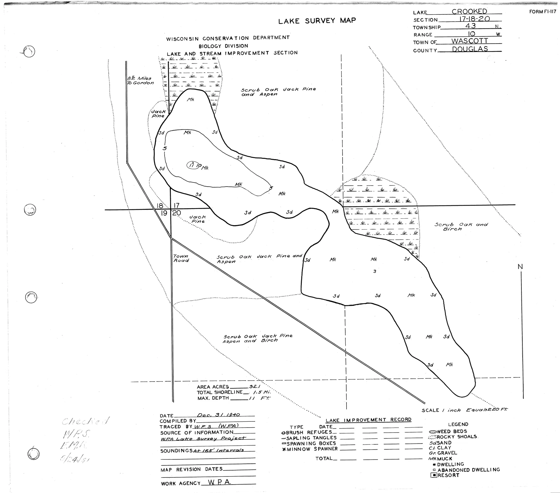 Crooked Lake historical Wisconsin DNR depth map sheet 1