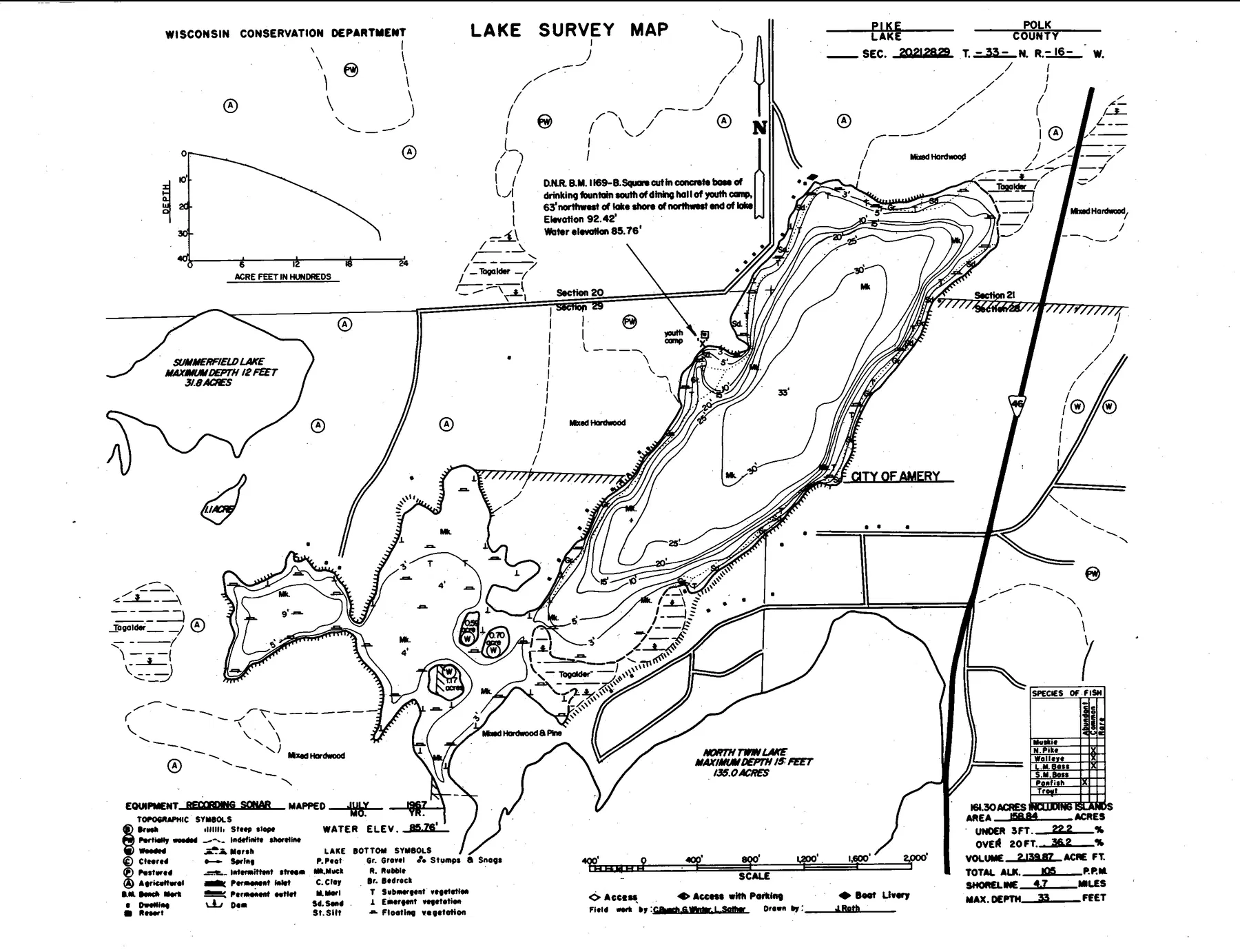 Pike Lake historical Wisconsin DNR depth map sheet 1
