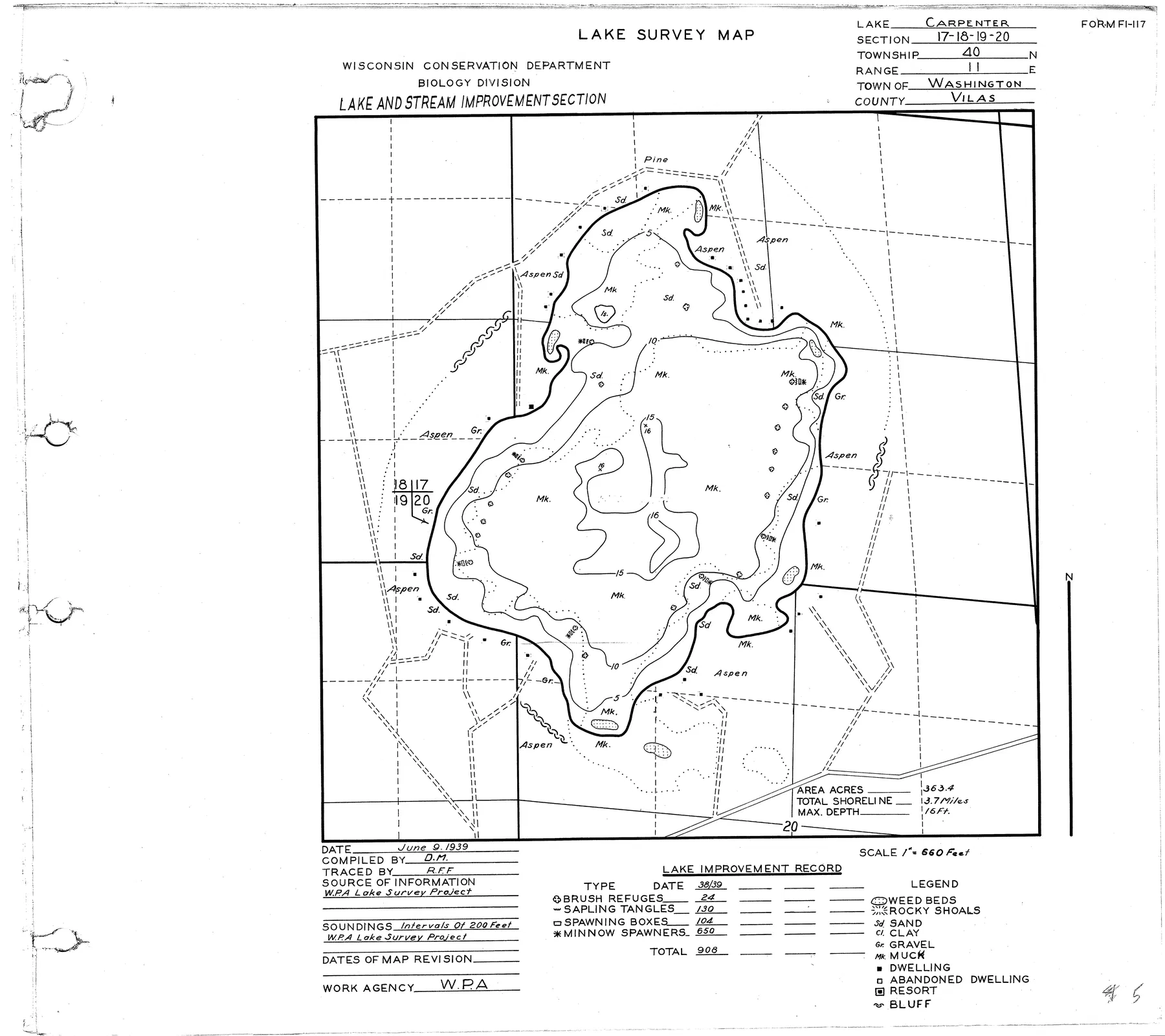 Carpenter Lake historical Wisconsin DNR depth map sheet 1