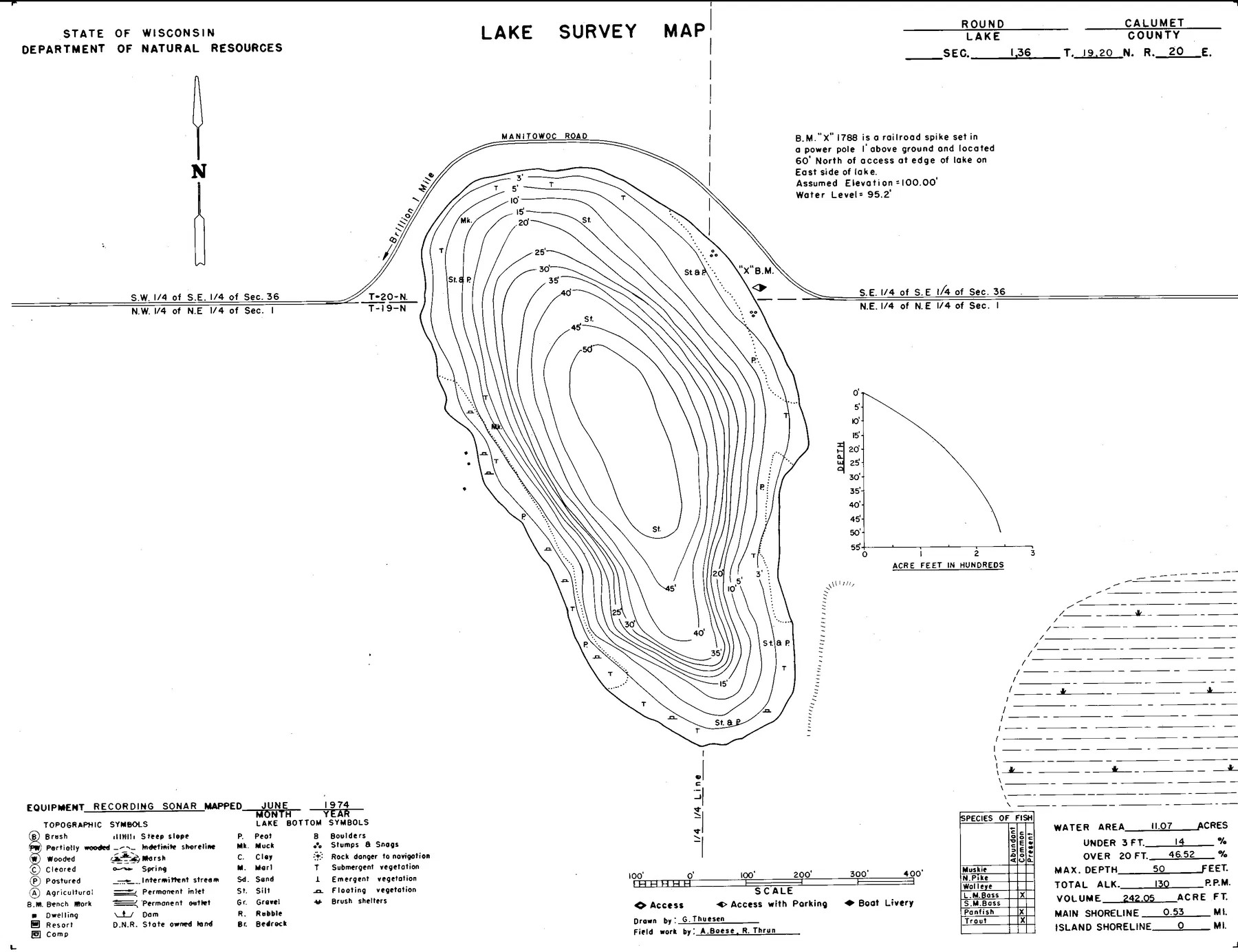 Round Lake historical Wisconsin DNR depth map sheet 1