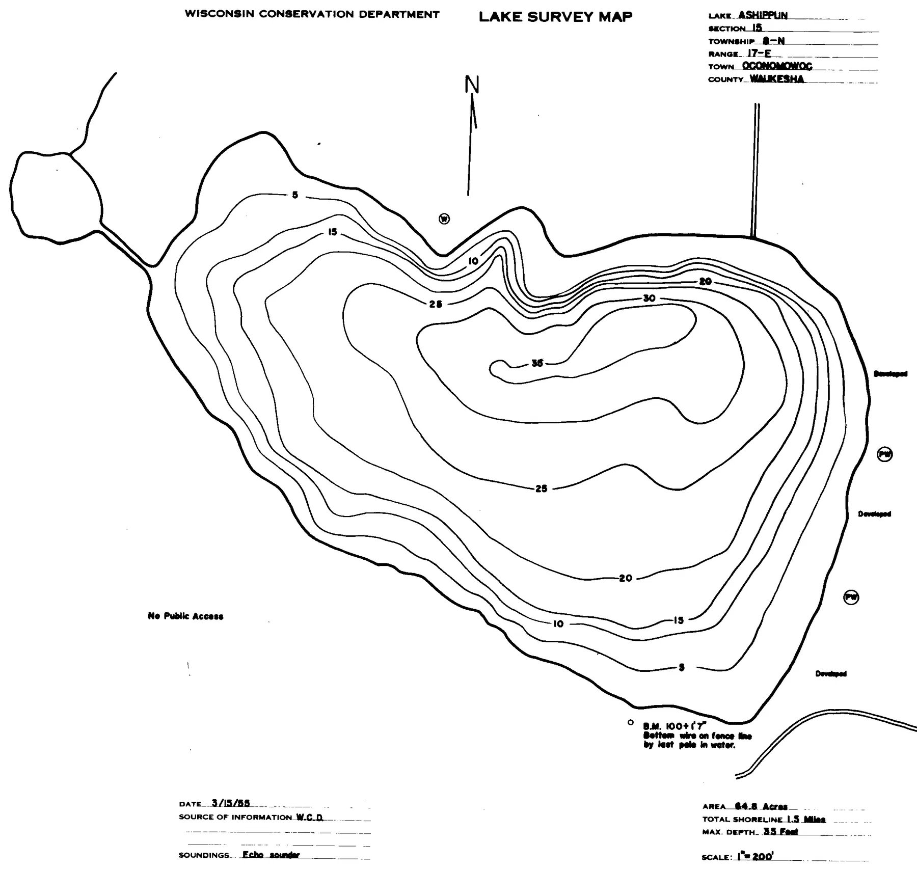 Ashippun Lake historical Wisconsin DNR depth map sheet 1