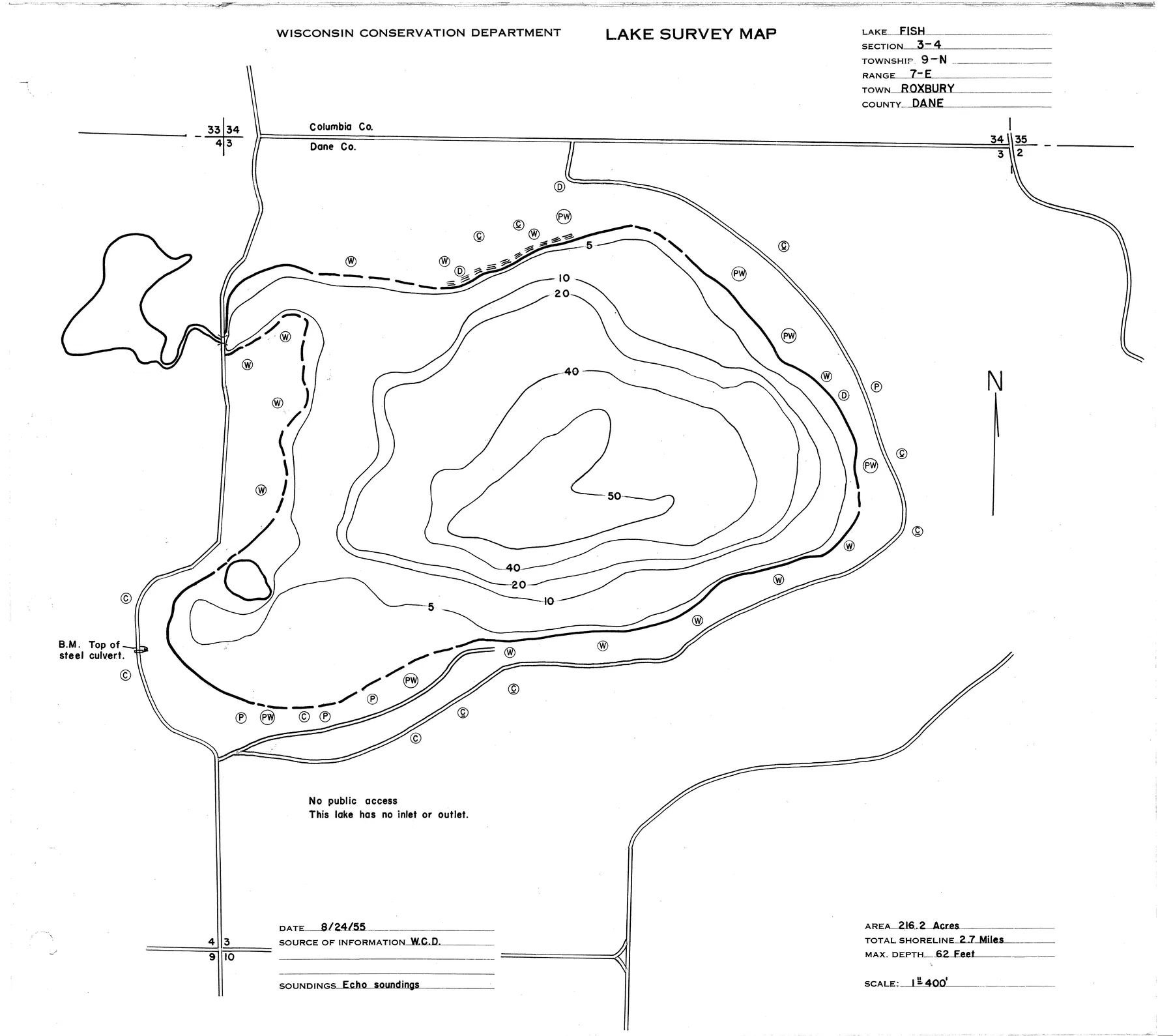 Fish Lake historical Wisconsin DNR depth map sheet 1
