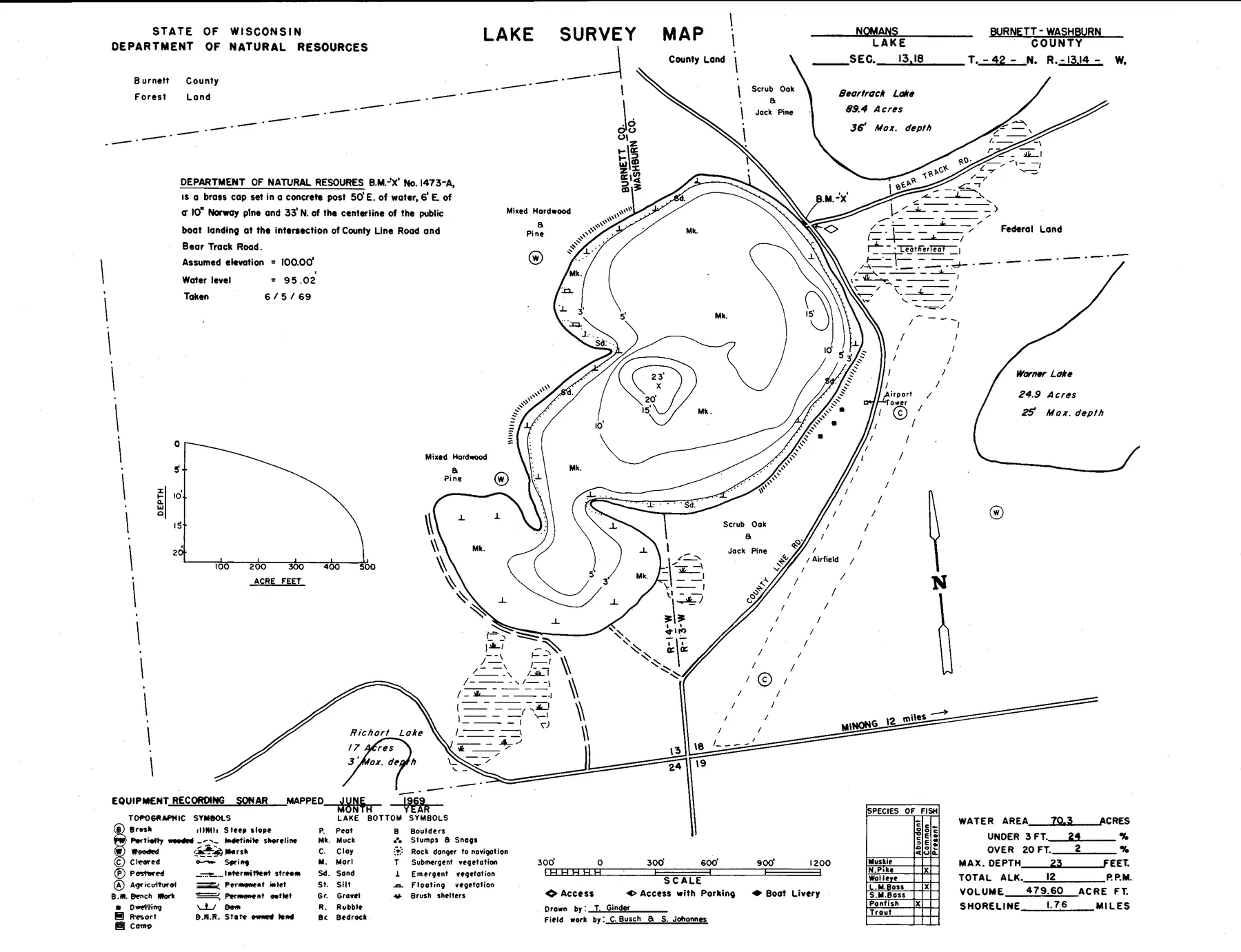 No Mans Lake historical Wisconsin DNR depth map sheet 1