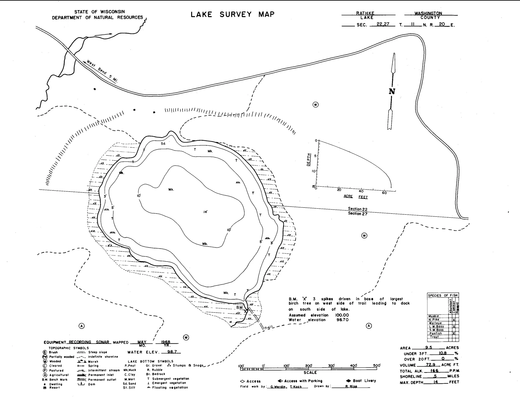 Radtke Lake historical Wisconsin DNR depth map sheet 1