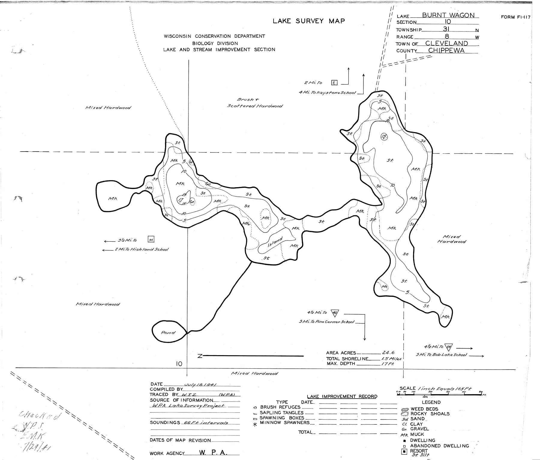 Burnt Wagon Lake historical Wisconsin DNR depth map sheet 1