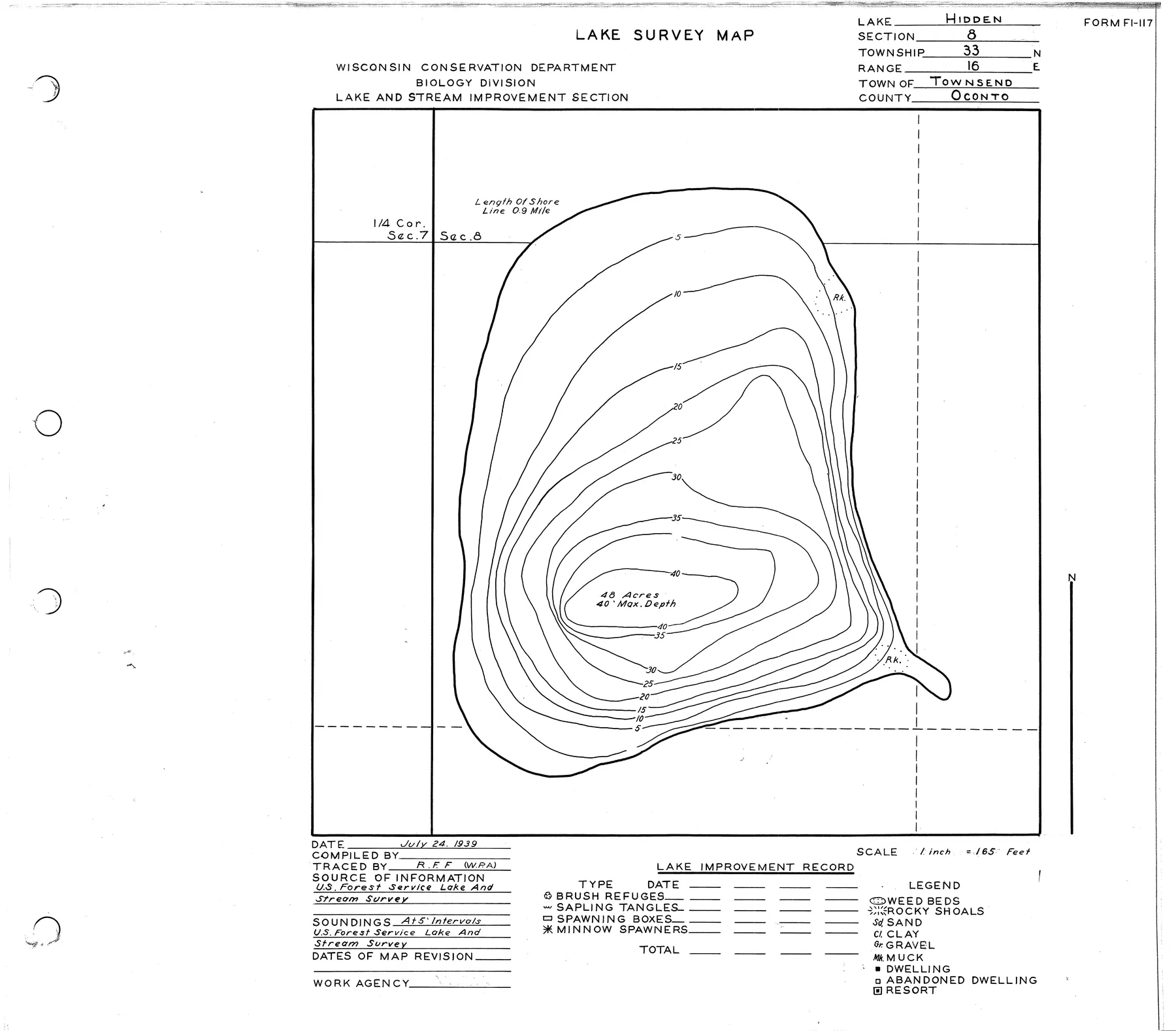 Hidden Lake historical Wisconsin DNR depth map sheet 1