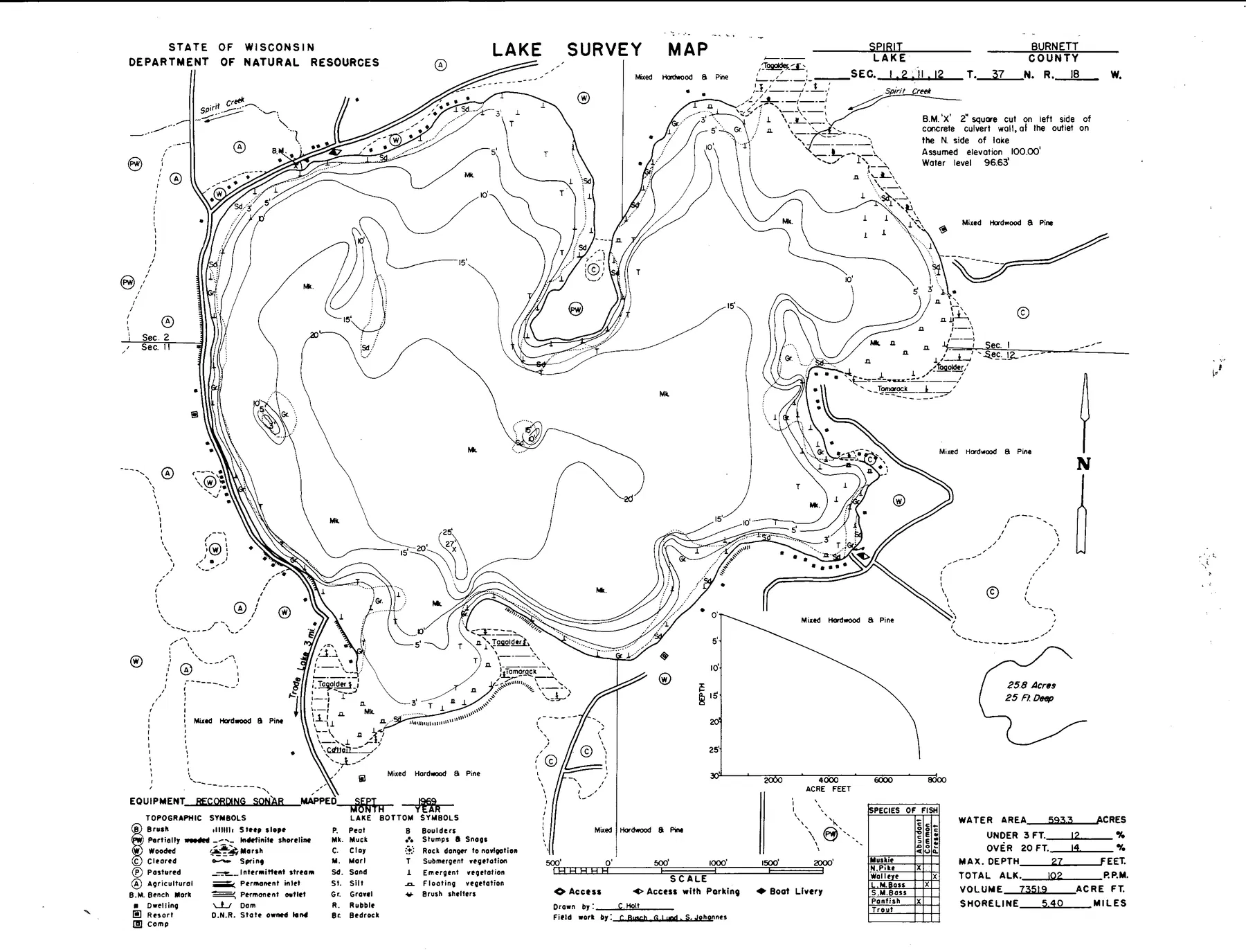 Spirit Lake historical Wisconsin DNR depth map sheet 1