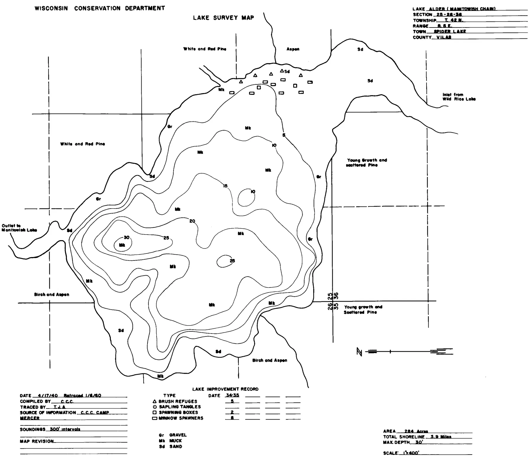 Alder Lake historical Wisconsin DNR depth map sheet 1