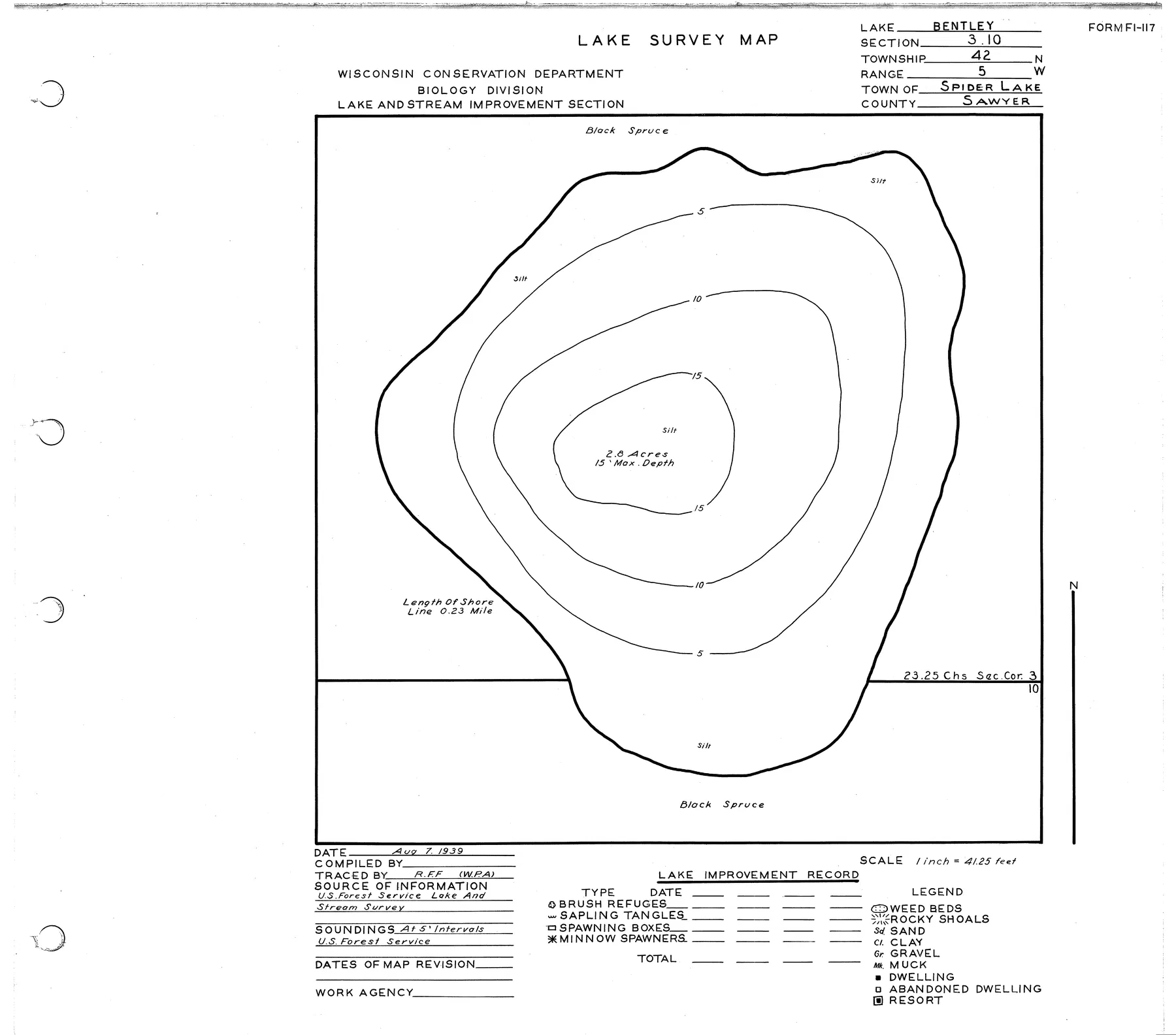 Bentley Lake historical Wisconsin DNR depth map sheet 1