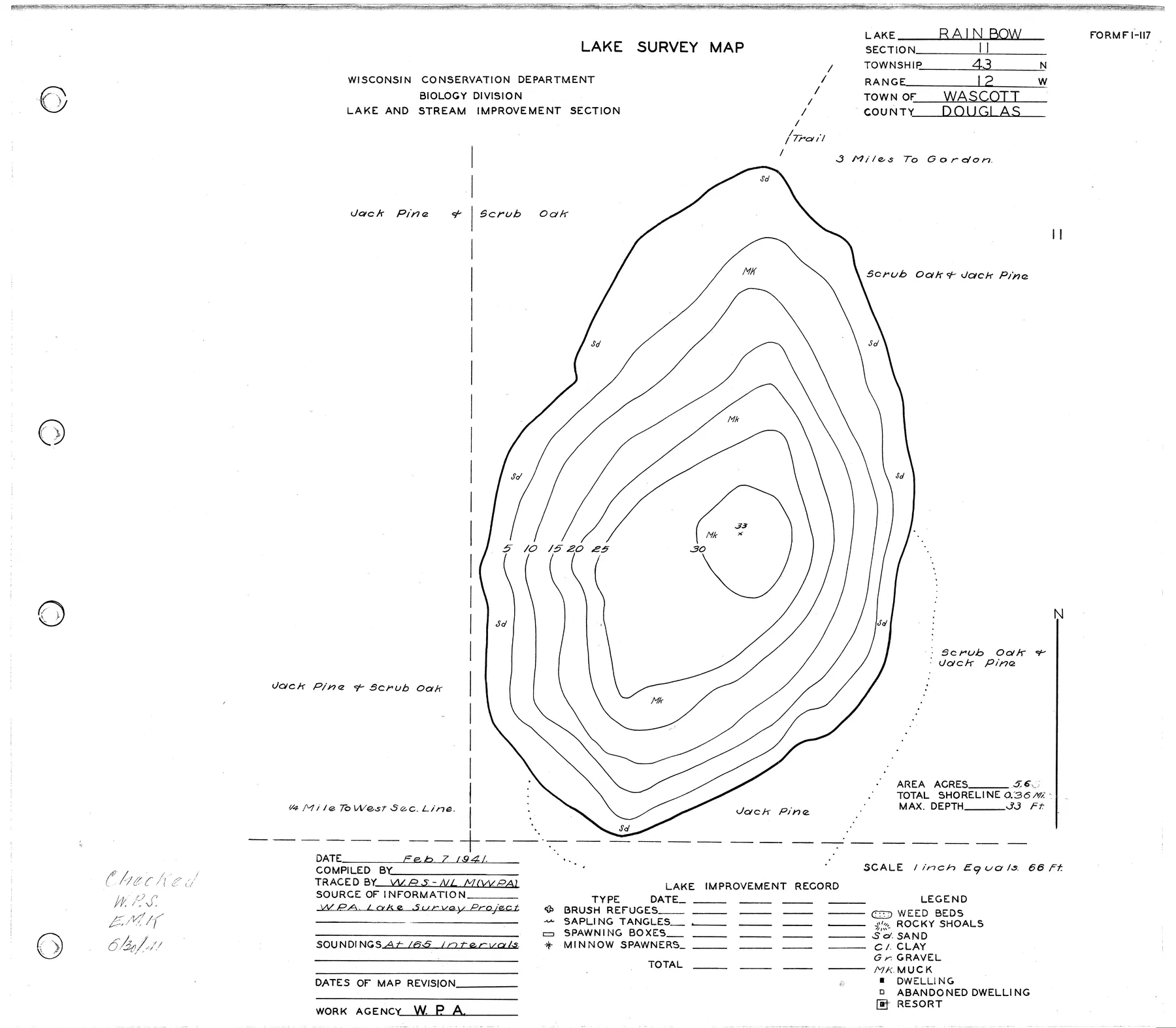 Rainbow Lake historical Wisconsin DNR depth map sheet 1