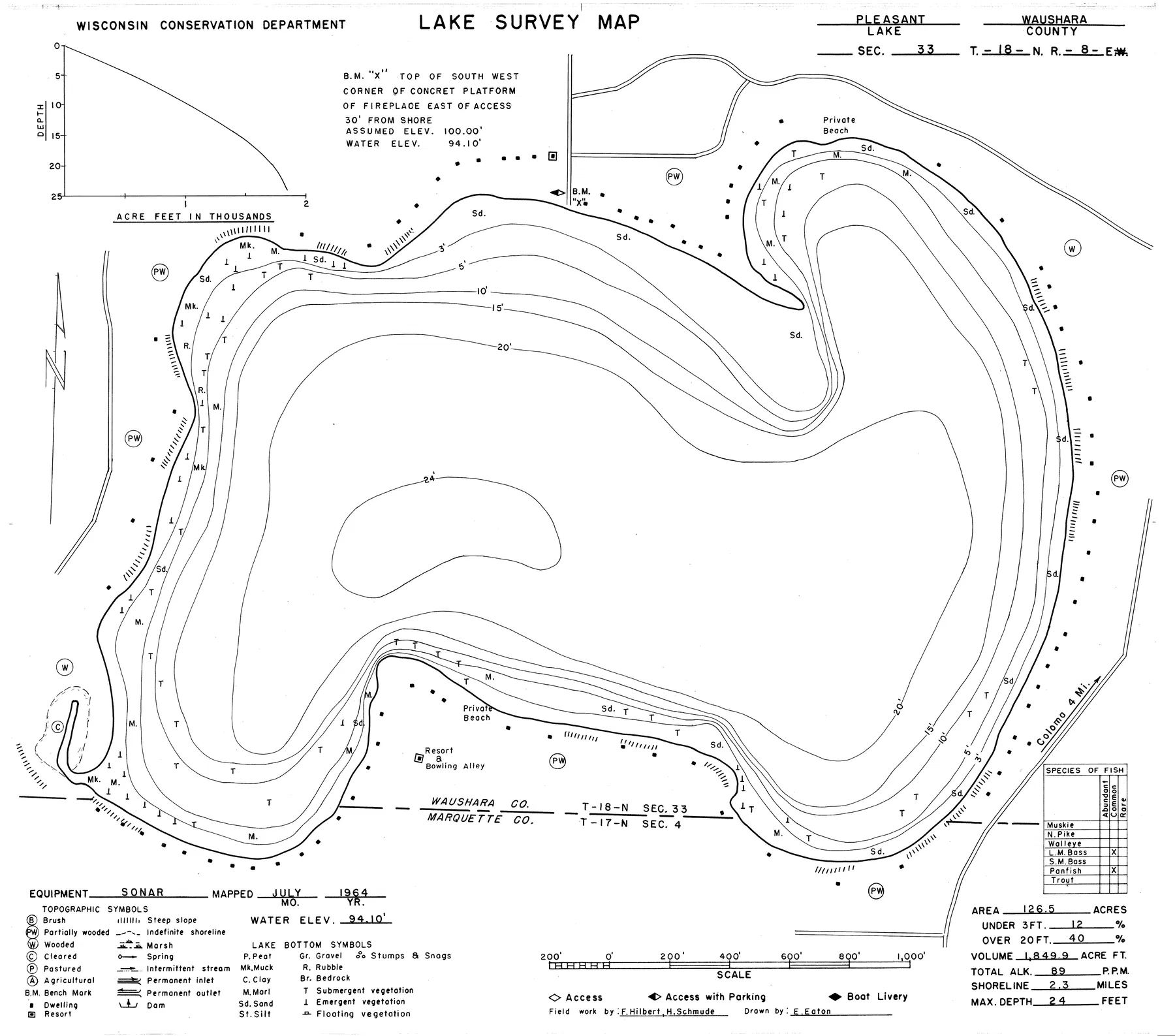 Pleasant Lake historical Wisconsin DNR depth map sheet 1