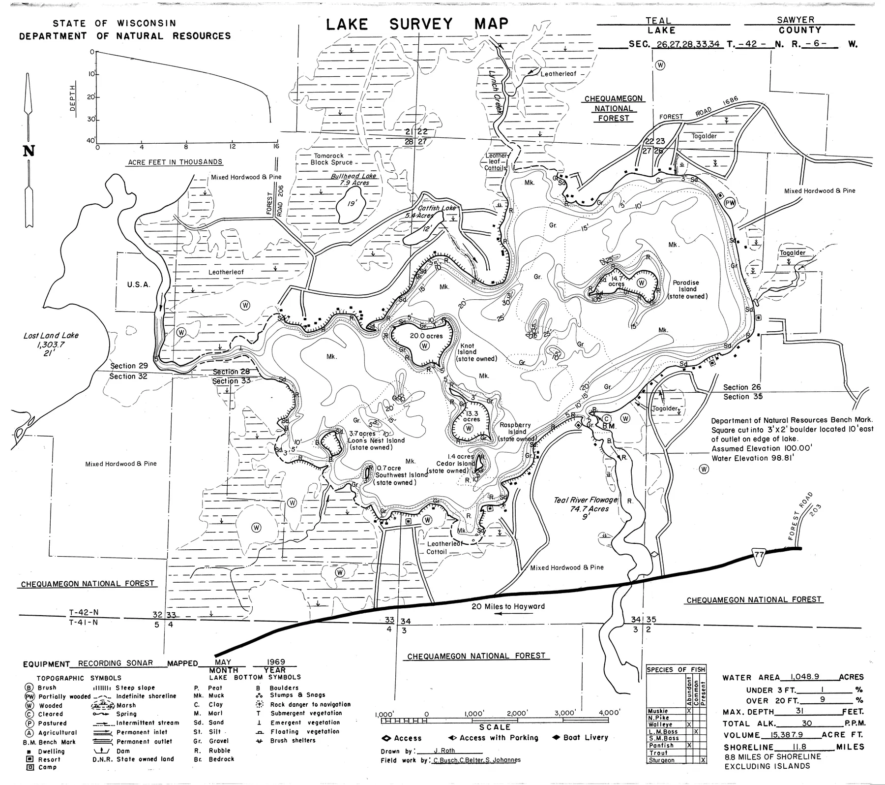 Teal Lake historical Wisconsin DNR depth map sheet 1