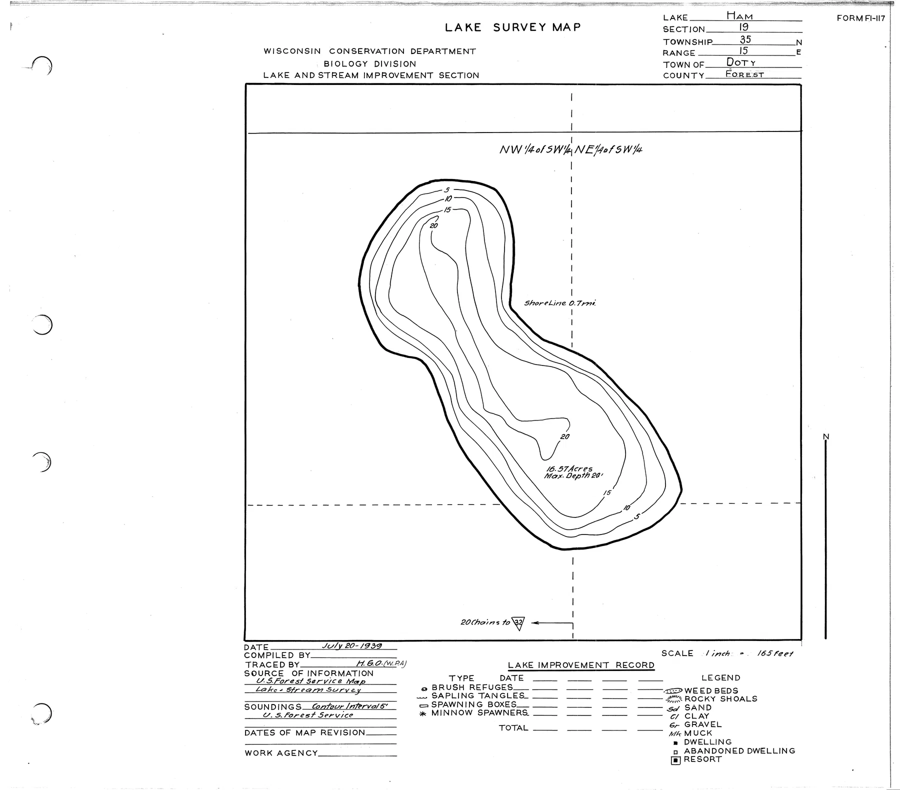 Ham Lake historical Wisconsin DNR depth map sheet 1