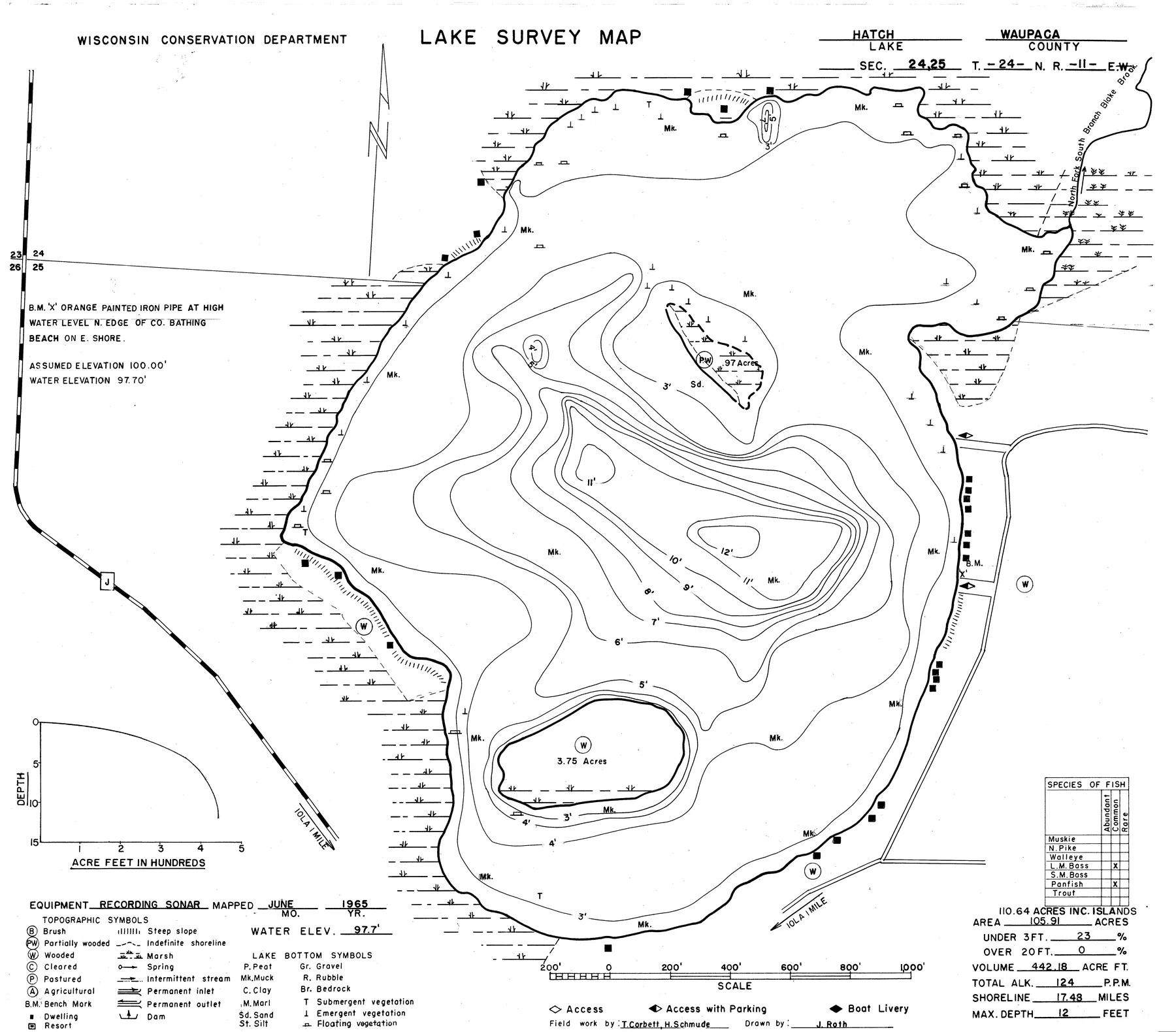 Hatch Lake historical Wisconsin DNR depth map sheet 1