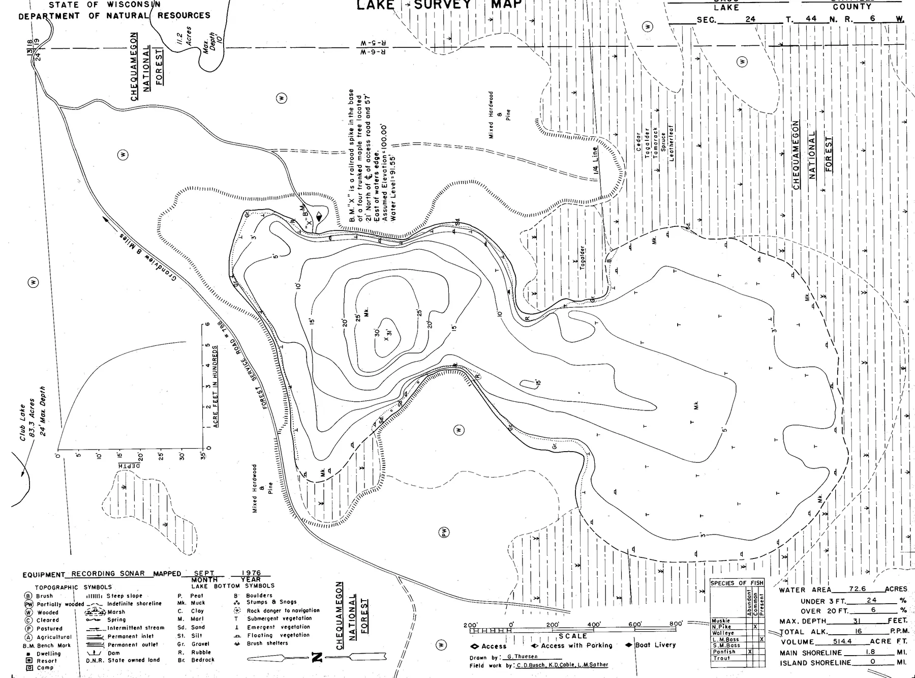 Bass Lake historical Wisconsin DNR depth map sheet 1