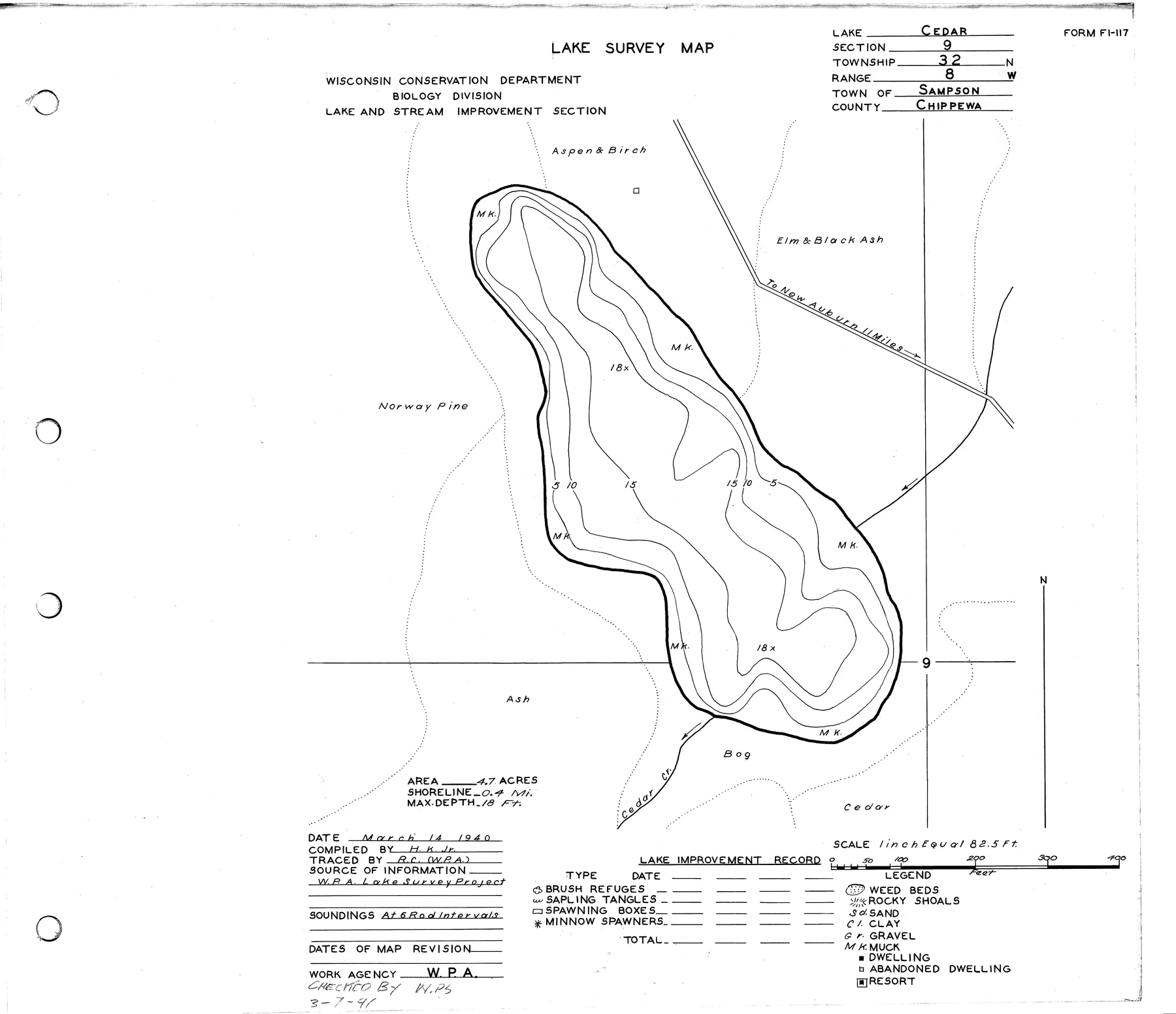 Cedar Lake historical Wisconsin DNR depth map sheet 1