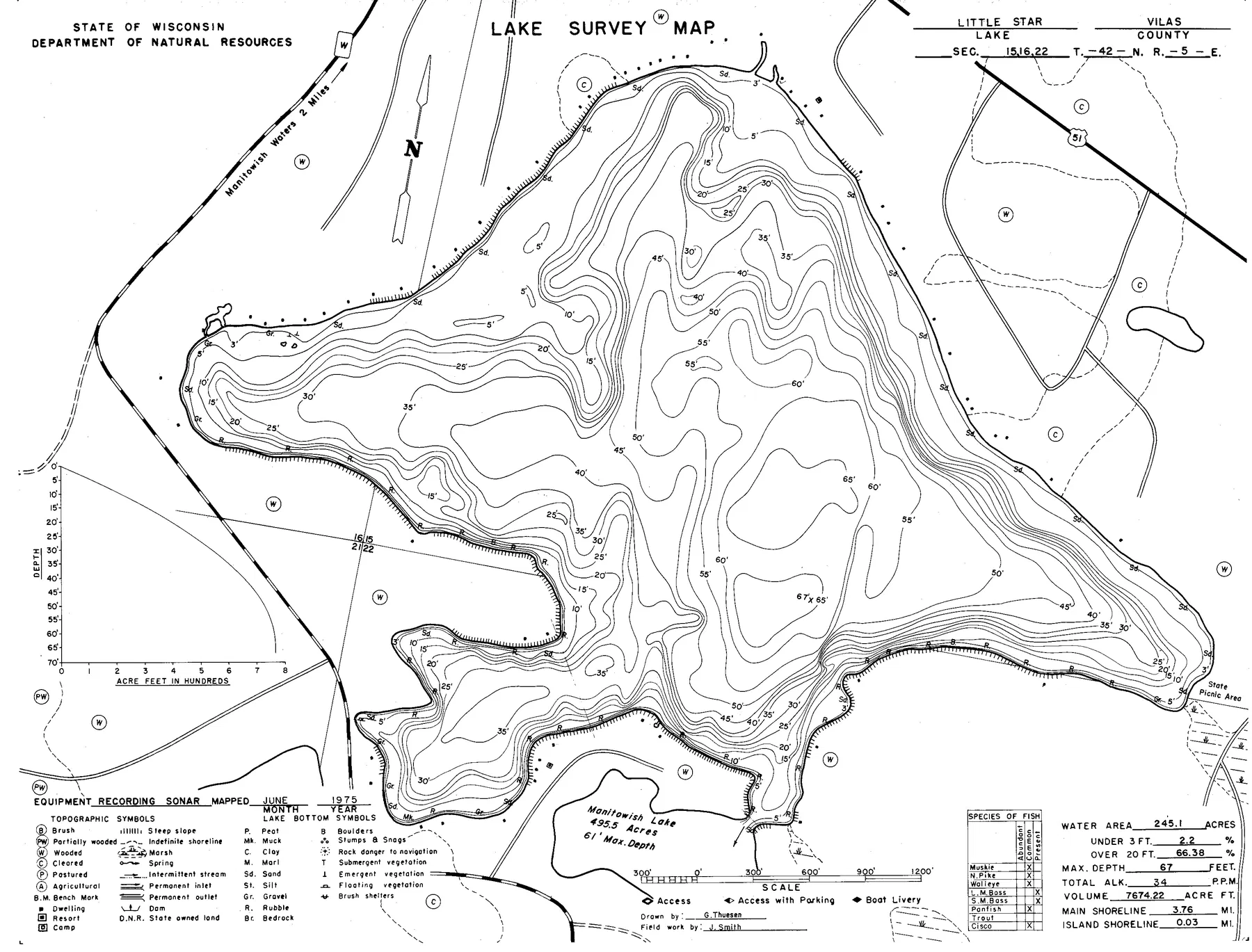 Little Star Lake historical Wisconsin DNR depth map sheet 1