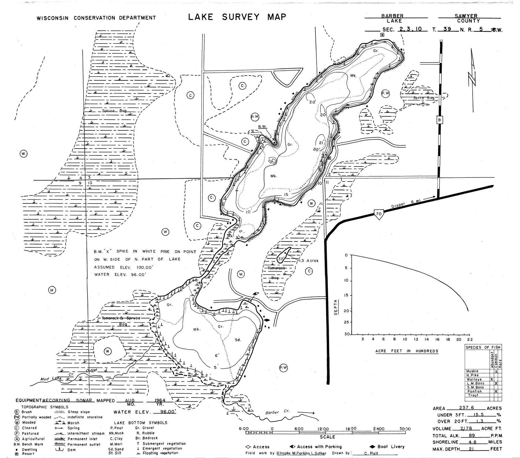 Barber Lake historical Wisconsin DNR depth map sheet 1