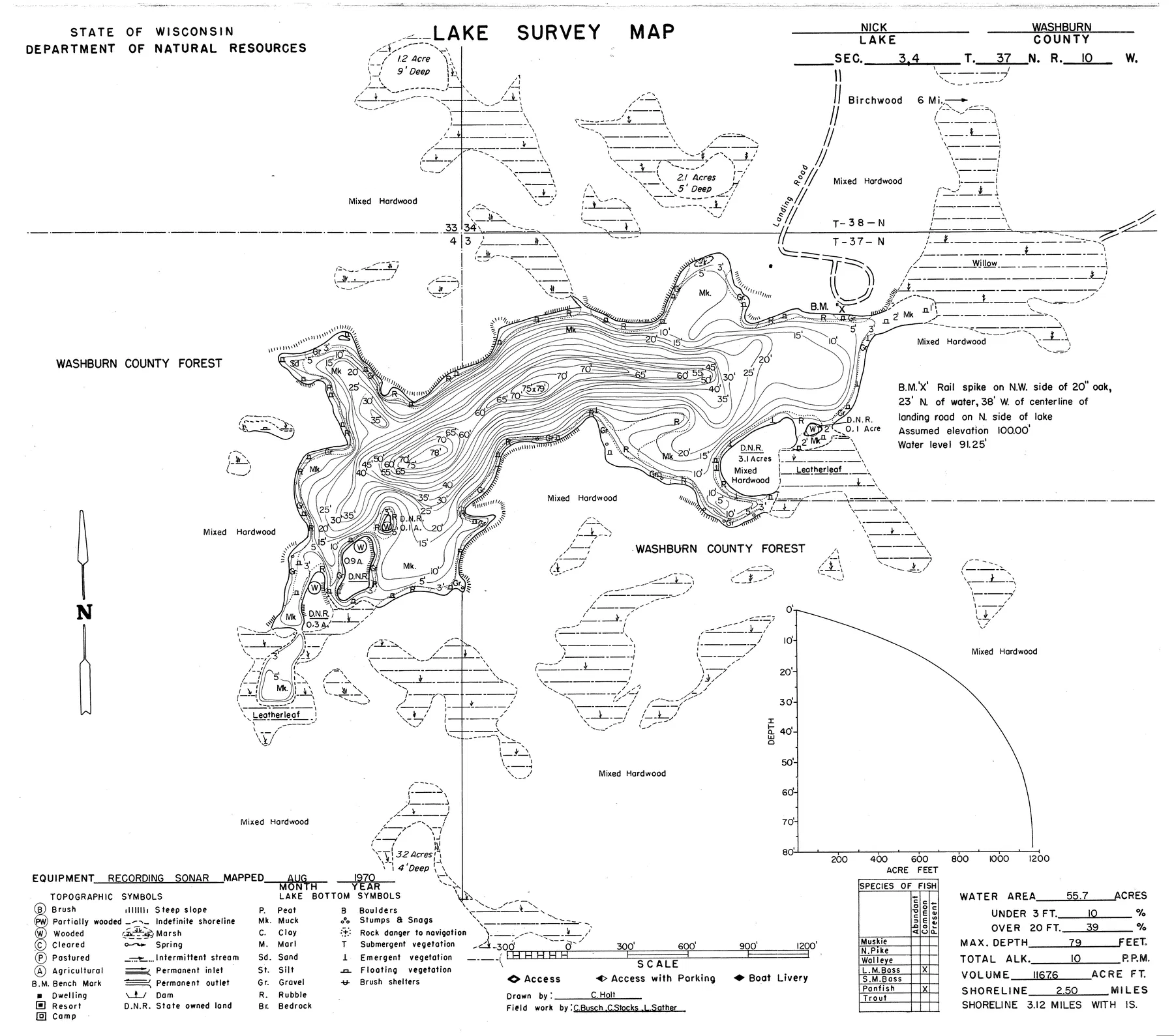 Nick Lake historical Wisconsin DNR depth map sheet 1