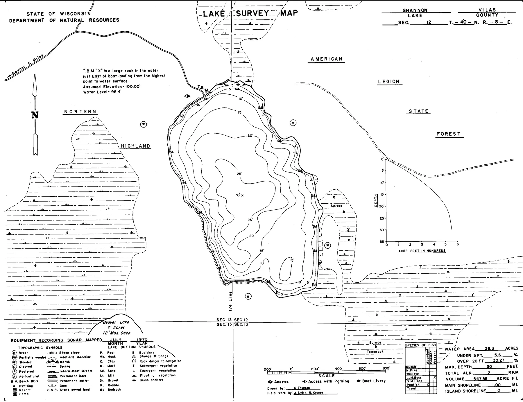 Shannon Lake historical Wisconsin DNR depth map sheet 1