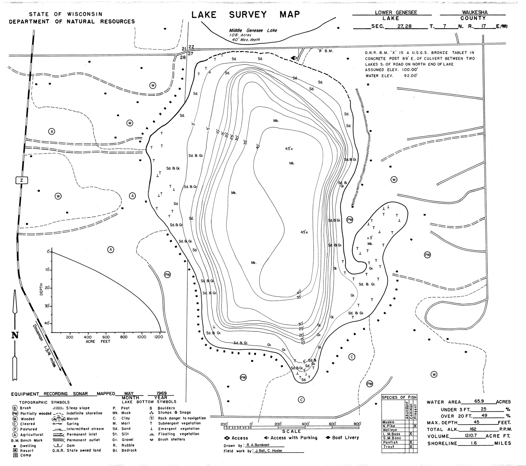 Lower Genesee Lake historical Wisconsin DNR depth map sheet 1