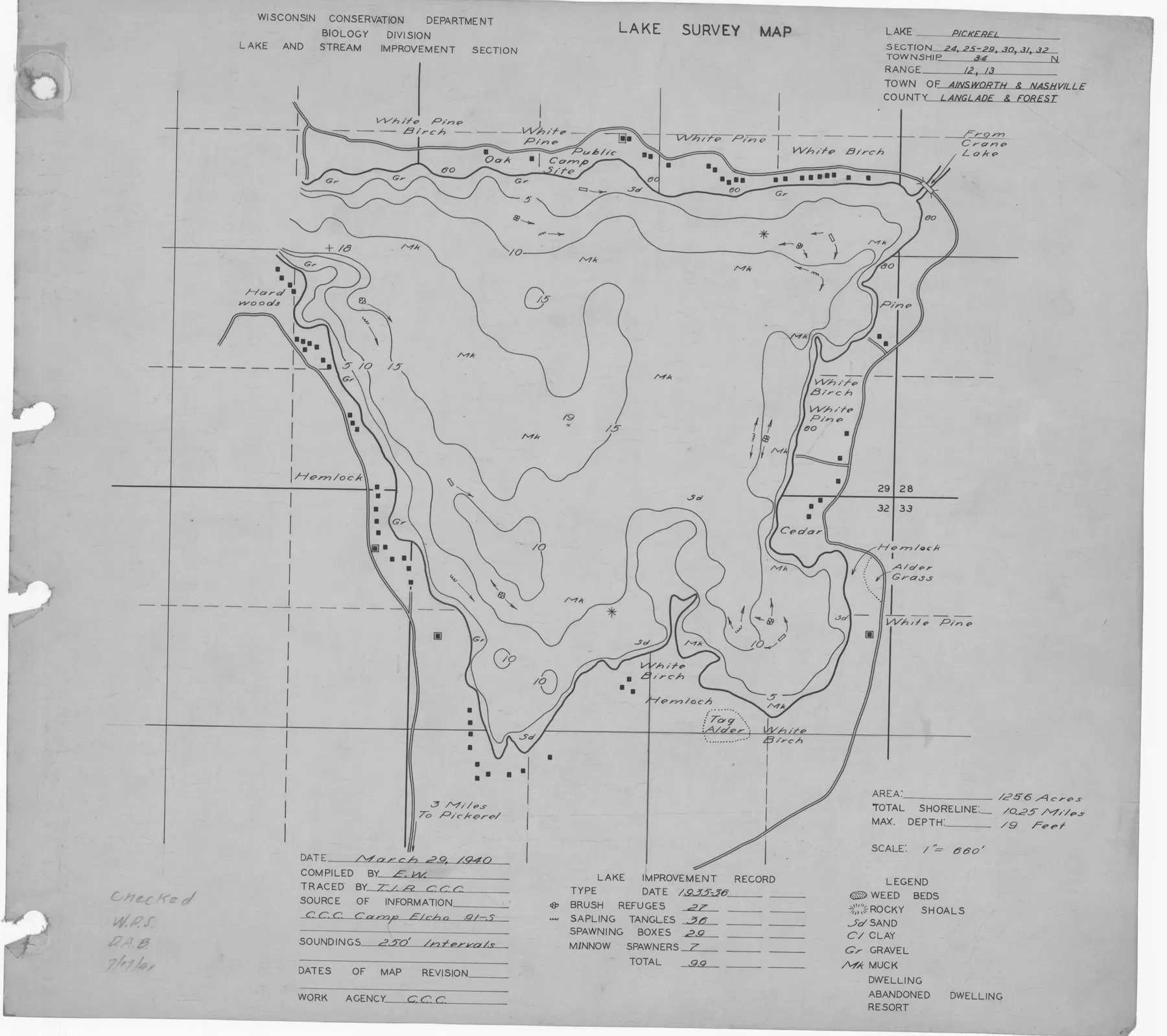 Pickerel Lake historical Wisconsin DNR depth map sheet 1