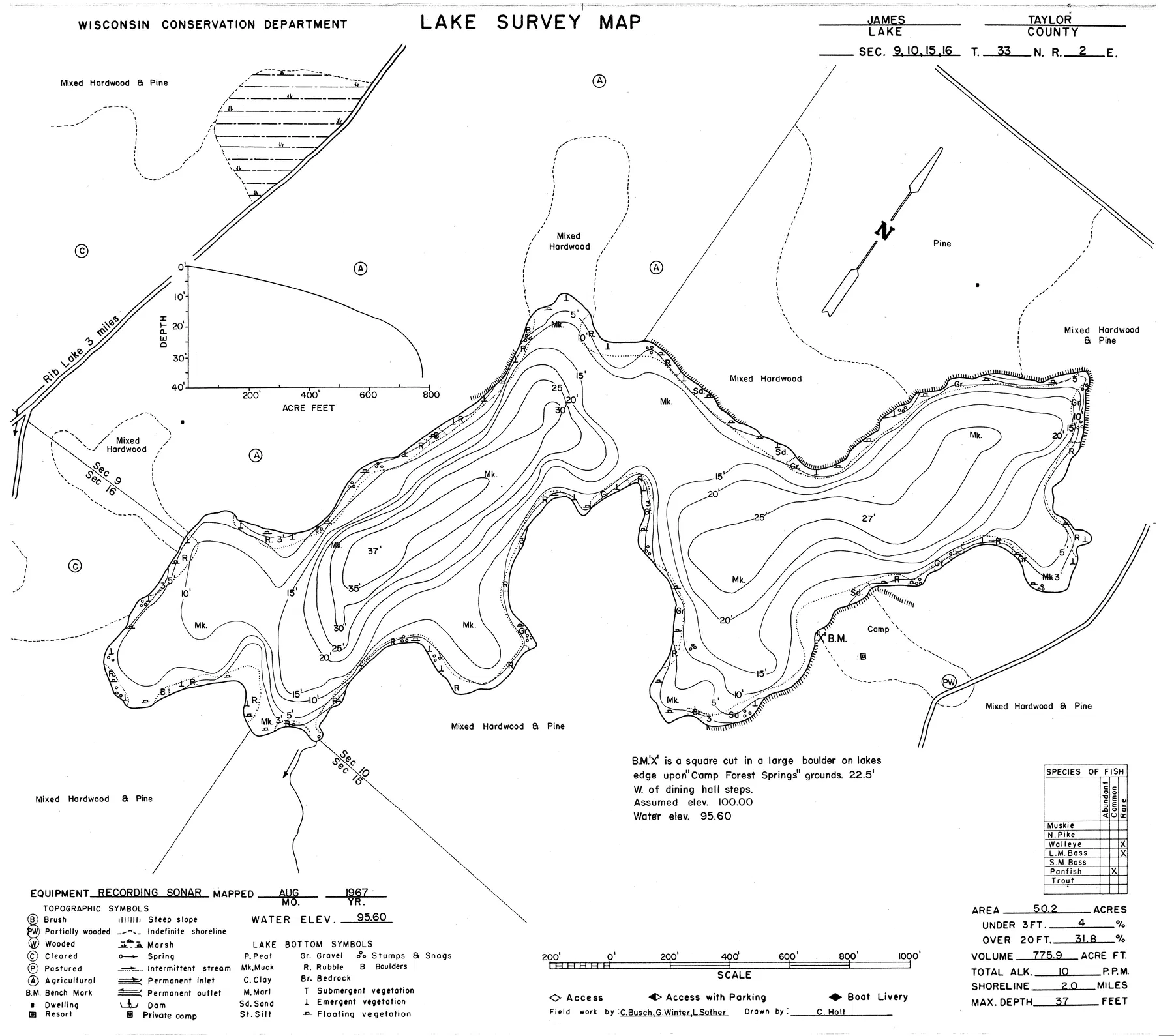 James Lake historical Wisconsin DNR depth map sheet 1
