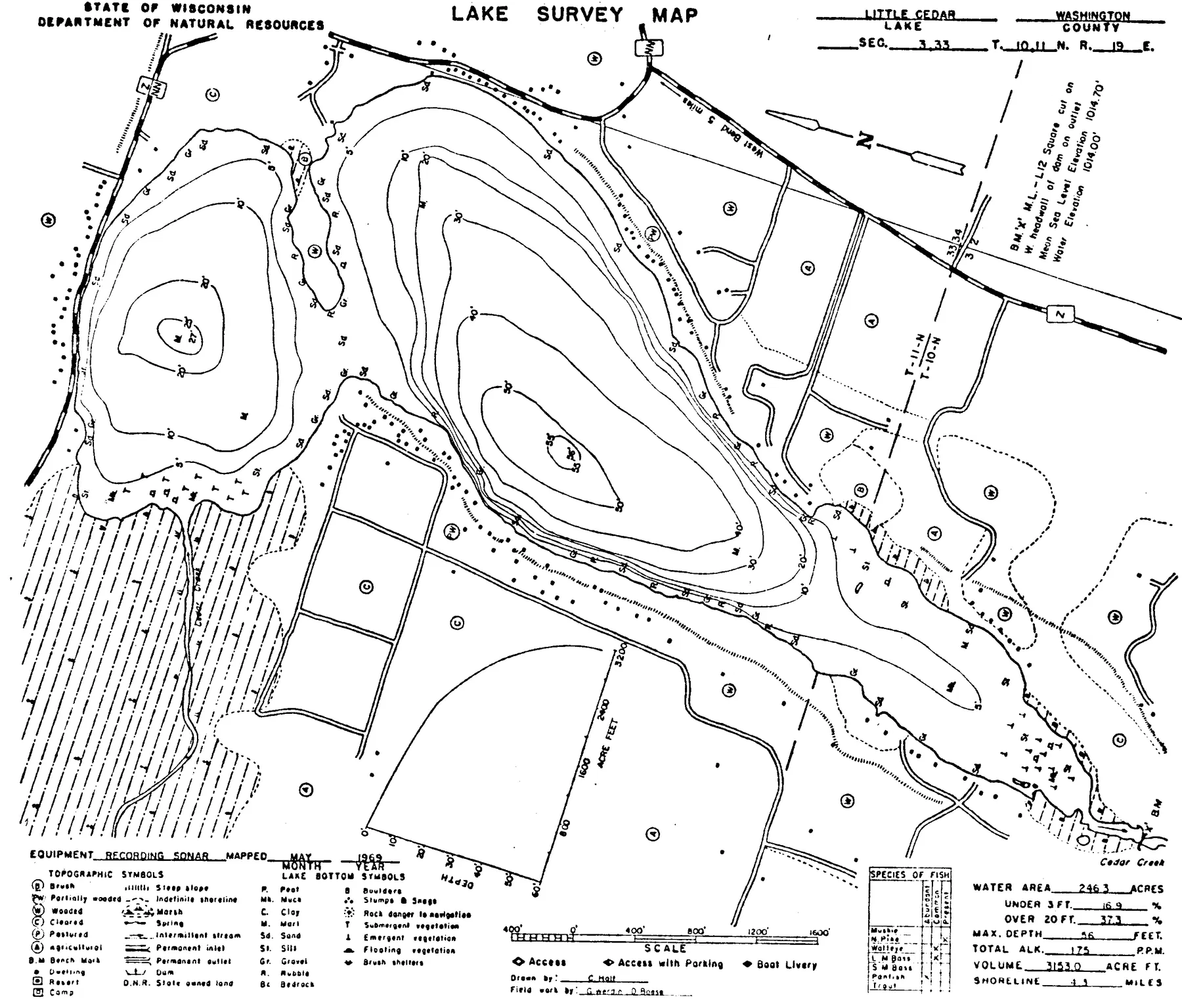 Little Cedar Lake historical Wisconsin DNR depth map sheet 1