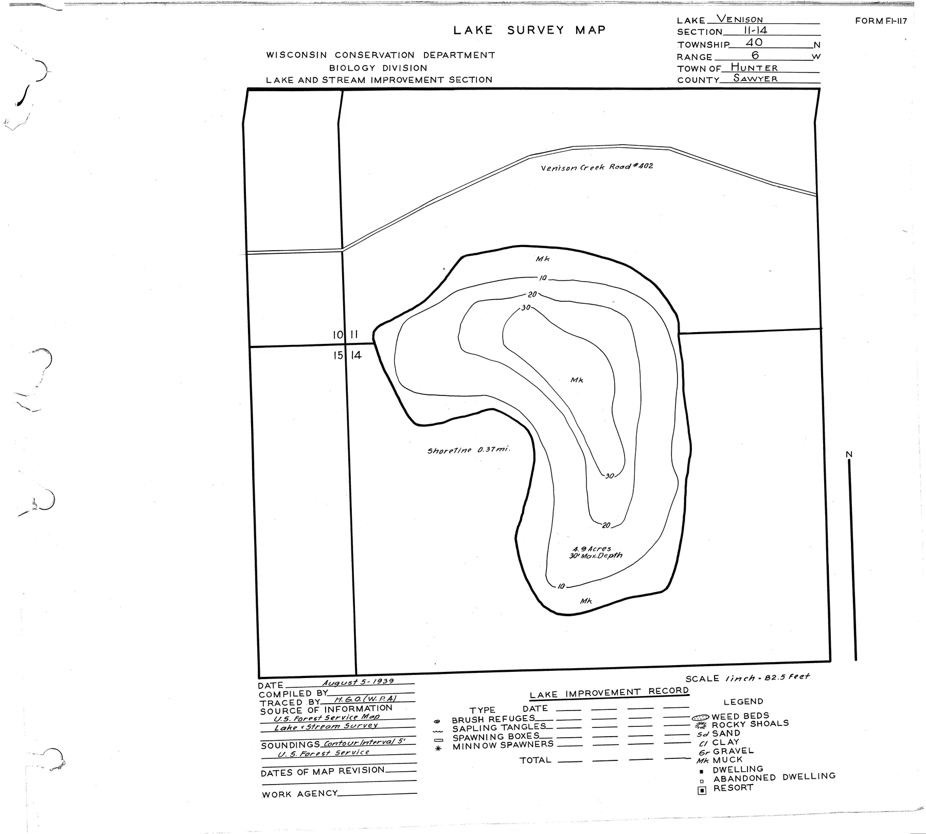 Venison Lake historical Wisconsin DNR depth map sheet 1