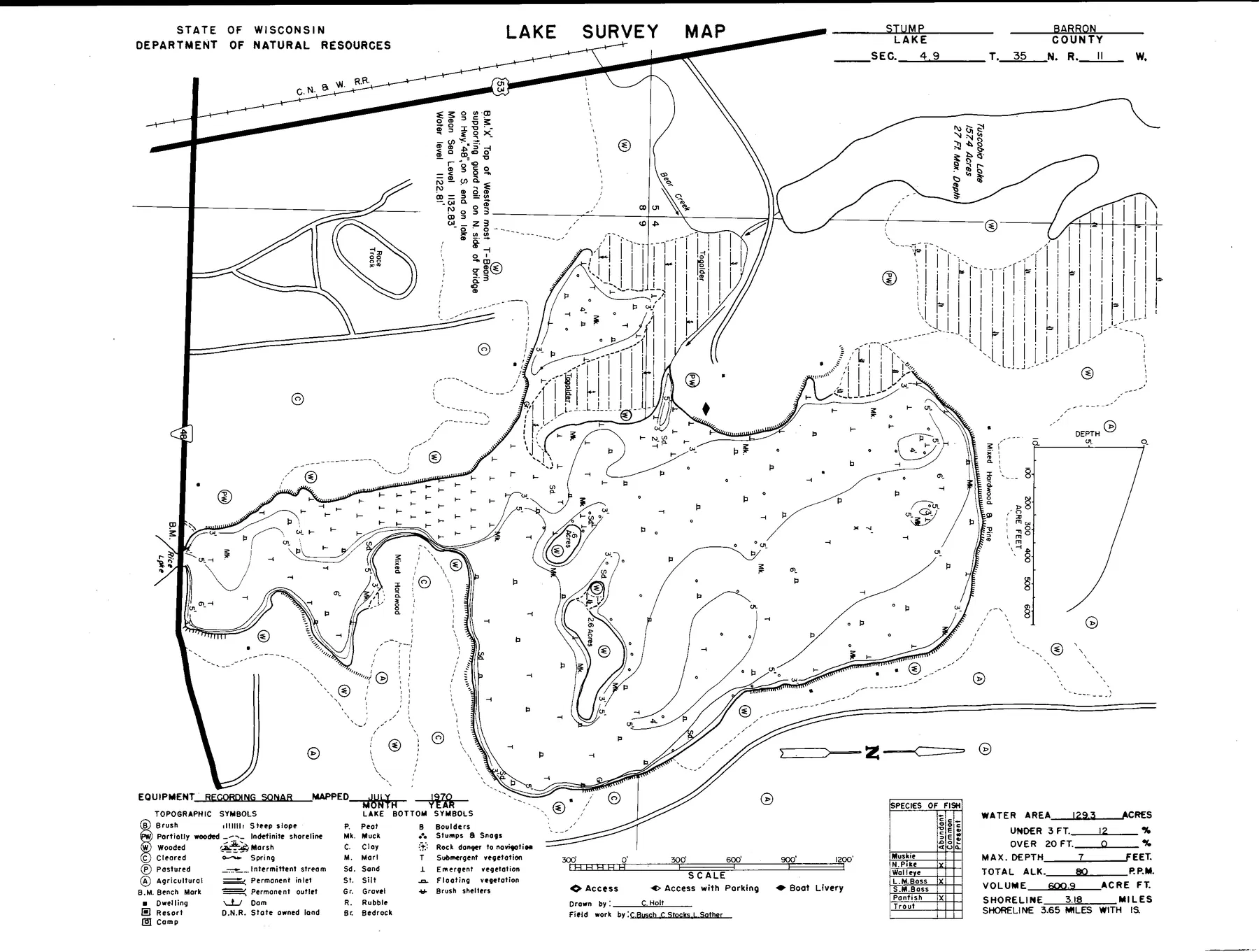 Stump Lake historical Wisconsin DNR depth map sheet 1