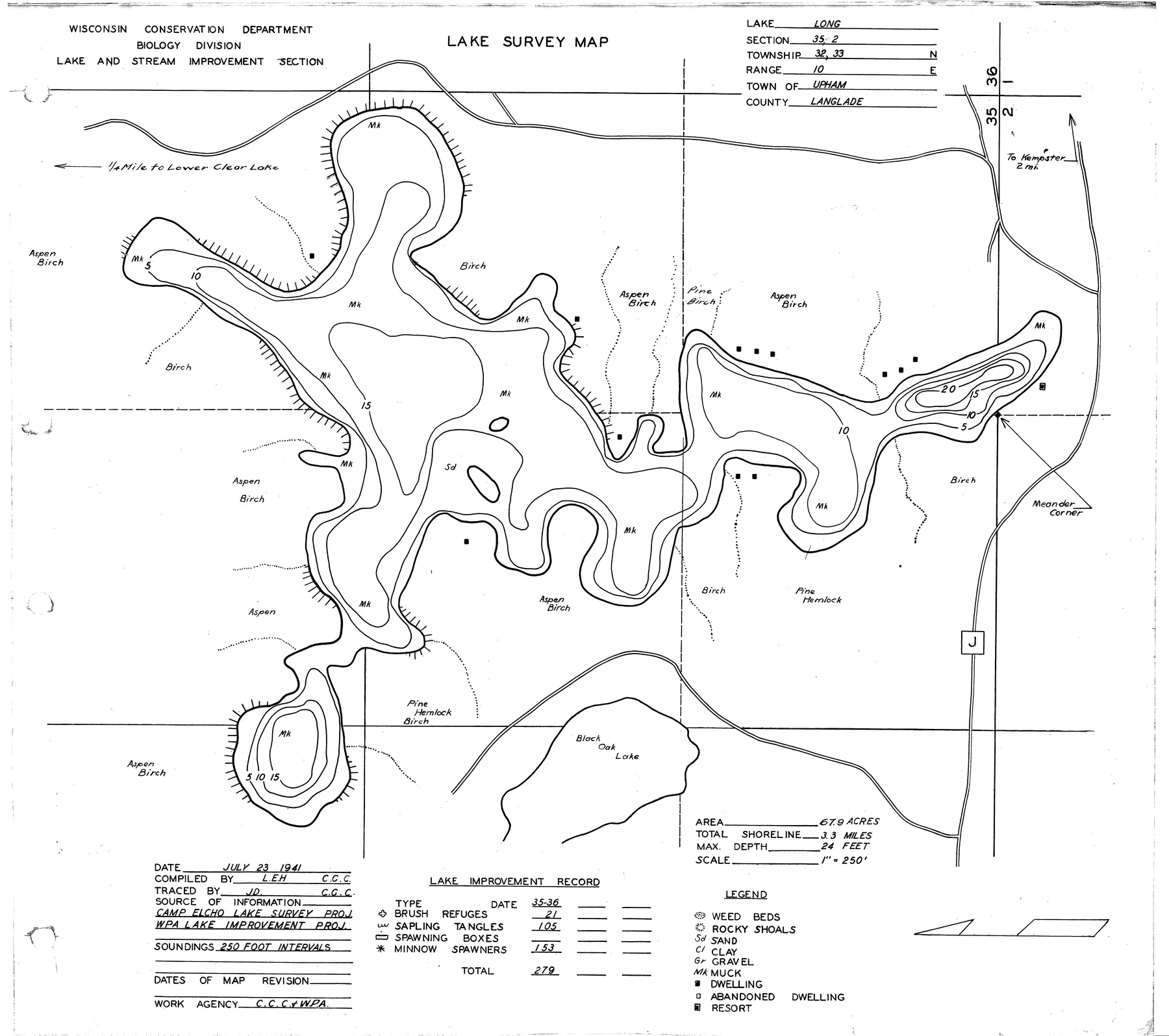Long Lake historical Wisconsin DNR depth map sheet 1