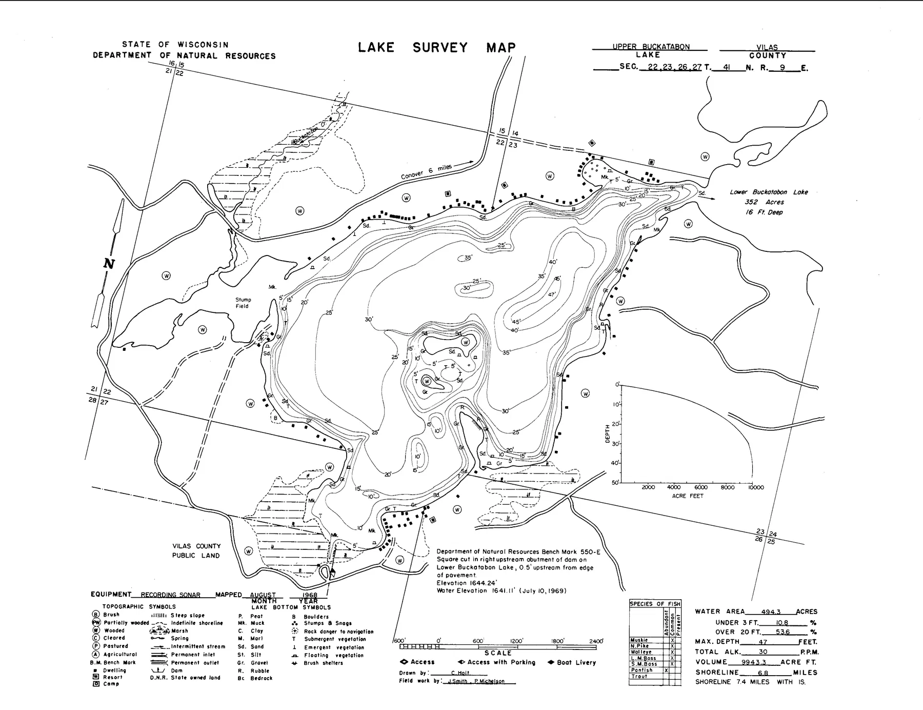 Upper Buckatabon Lake historical Wisconsin DNR depth map sheet 1