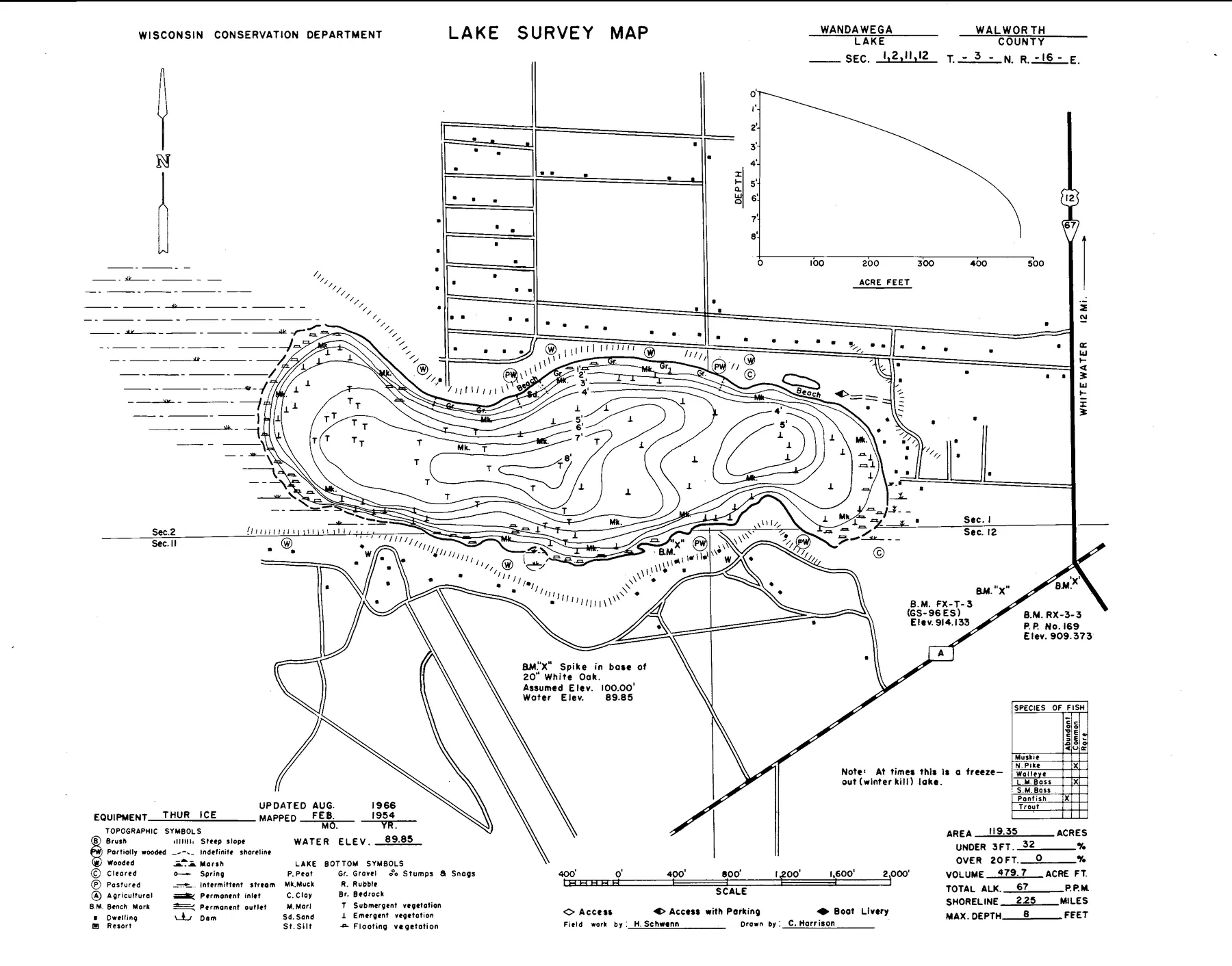 Lake Wandawega historical Wisconsin DNR depth map sheet 1