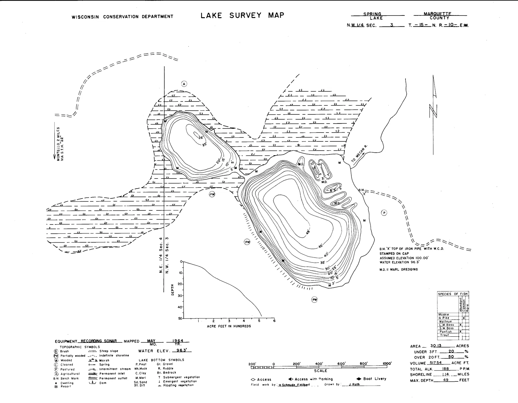 Spring Lake historical Wisconsin DNR depth map sheet 1