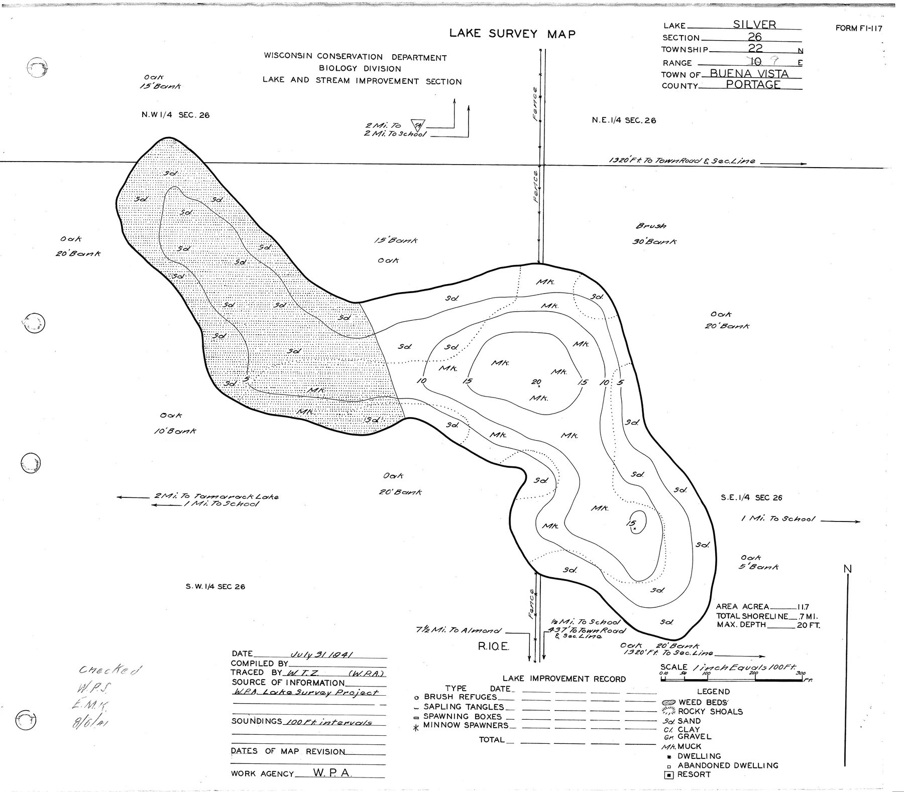 Silver Lake historical Wisconsin DNR depth map sheet 1