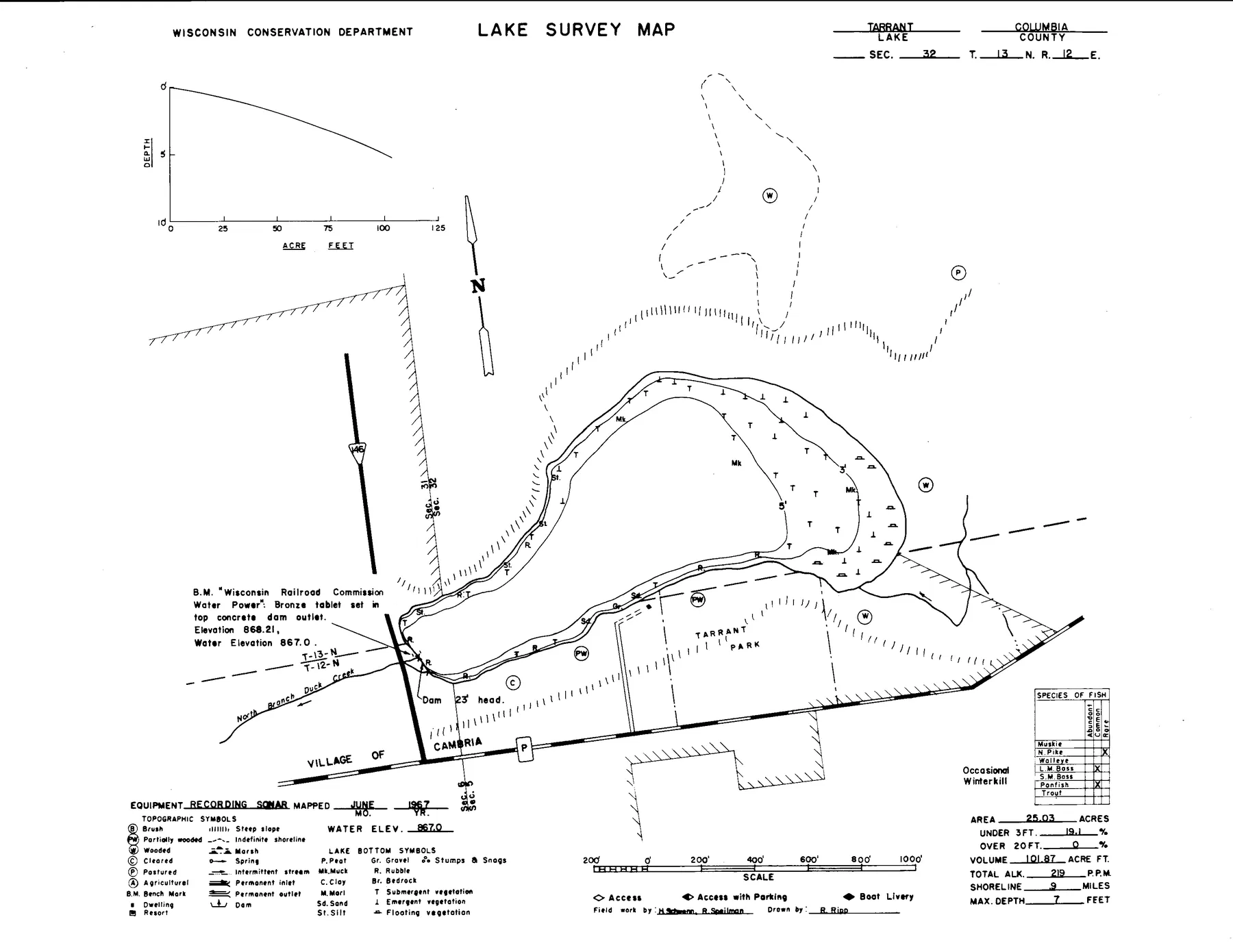 Tarrant Lake historical Wisconsin DNR depth map sheet 1
