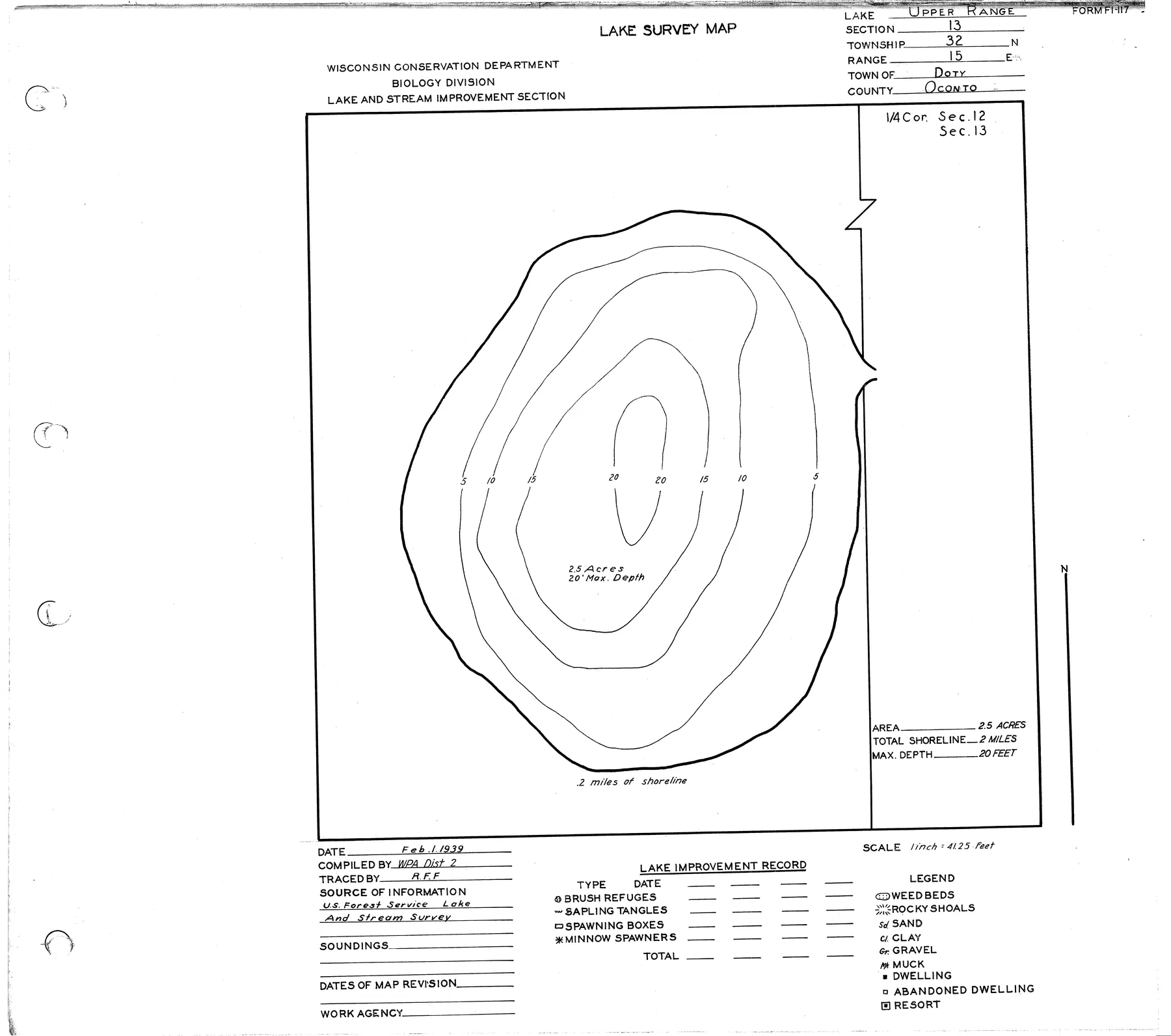 Upper Range Lake historical Wisconsin DNR depth map sheet 1