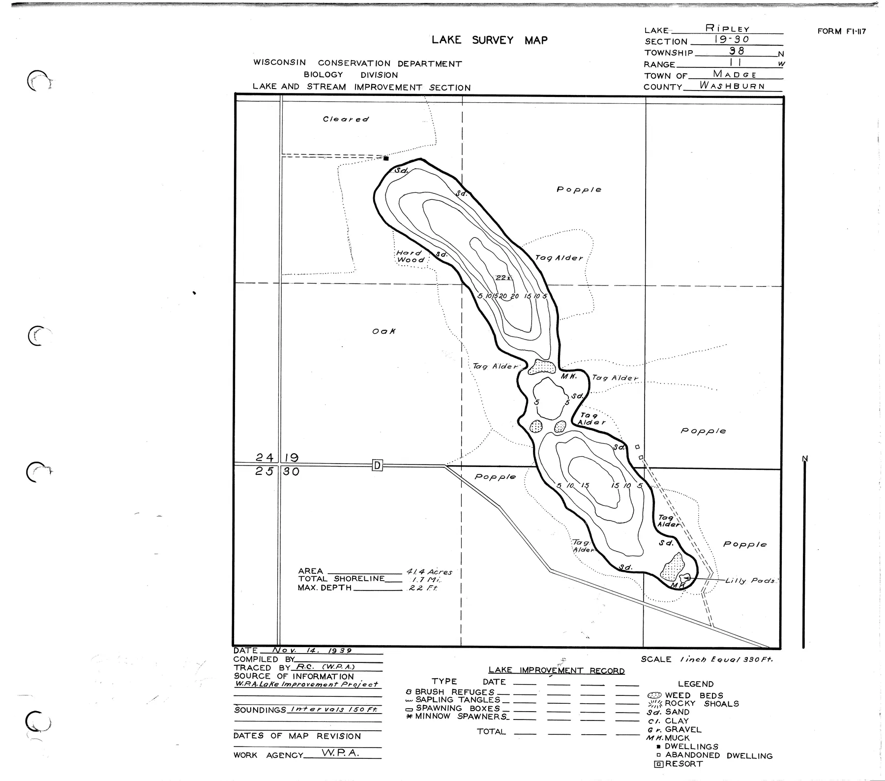 Ripley Lake historical Wisconsin DNR depth map sheet 1