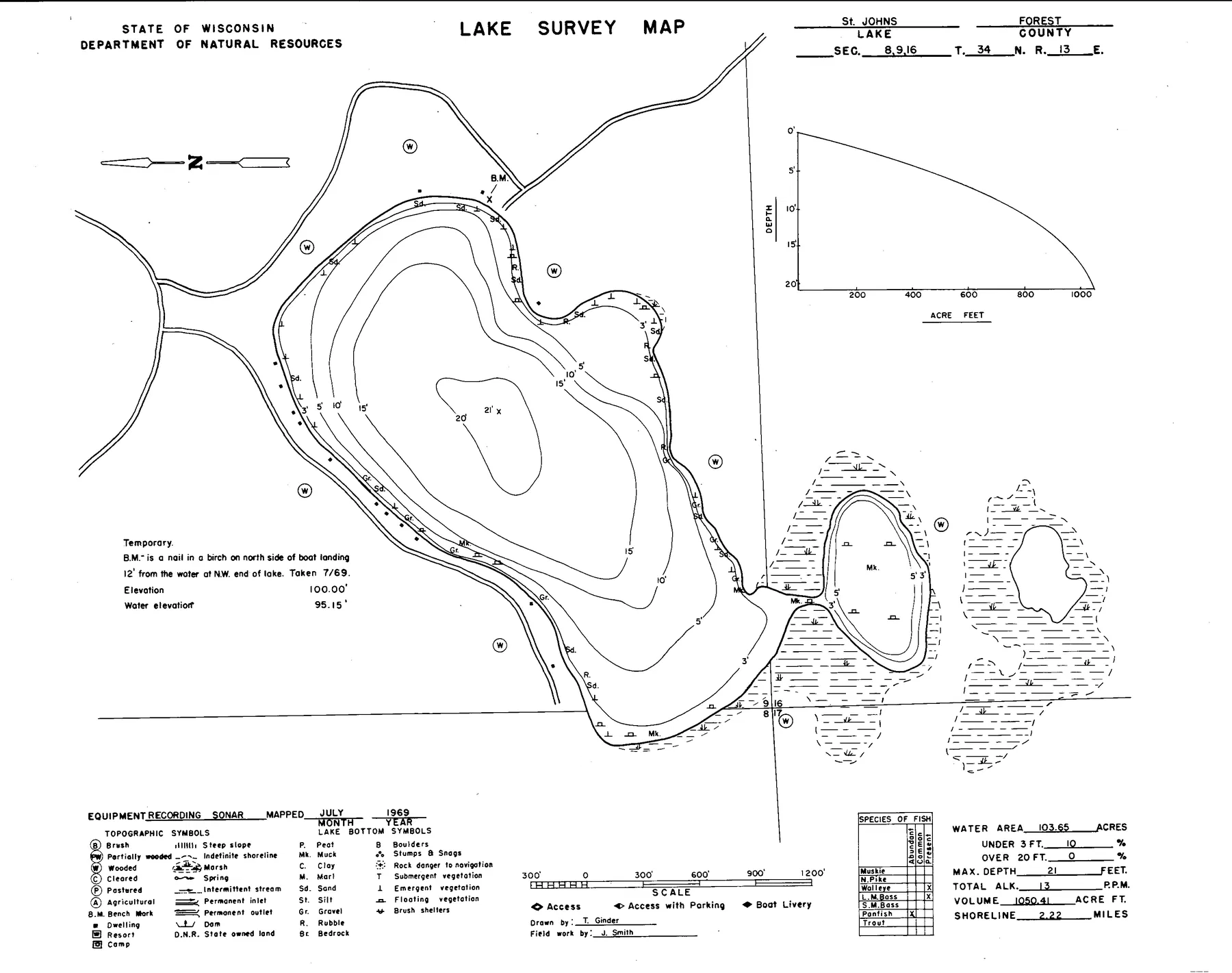 Saint Johns Lake historical Wisconsin DNR depth map sheet 1