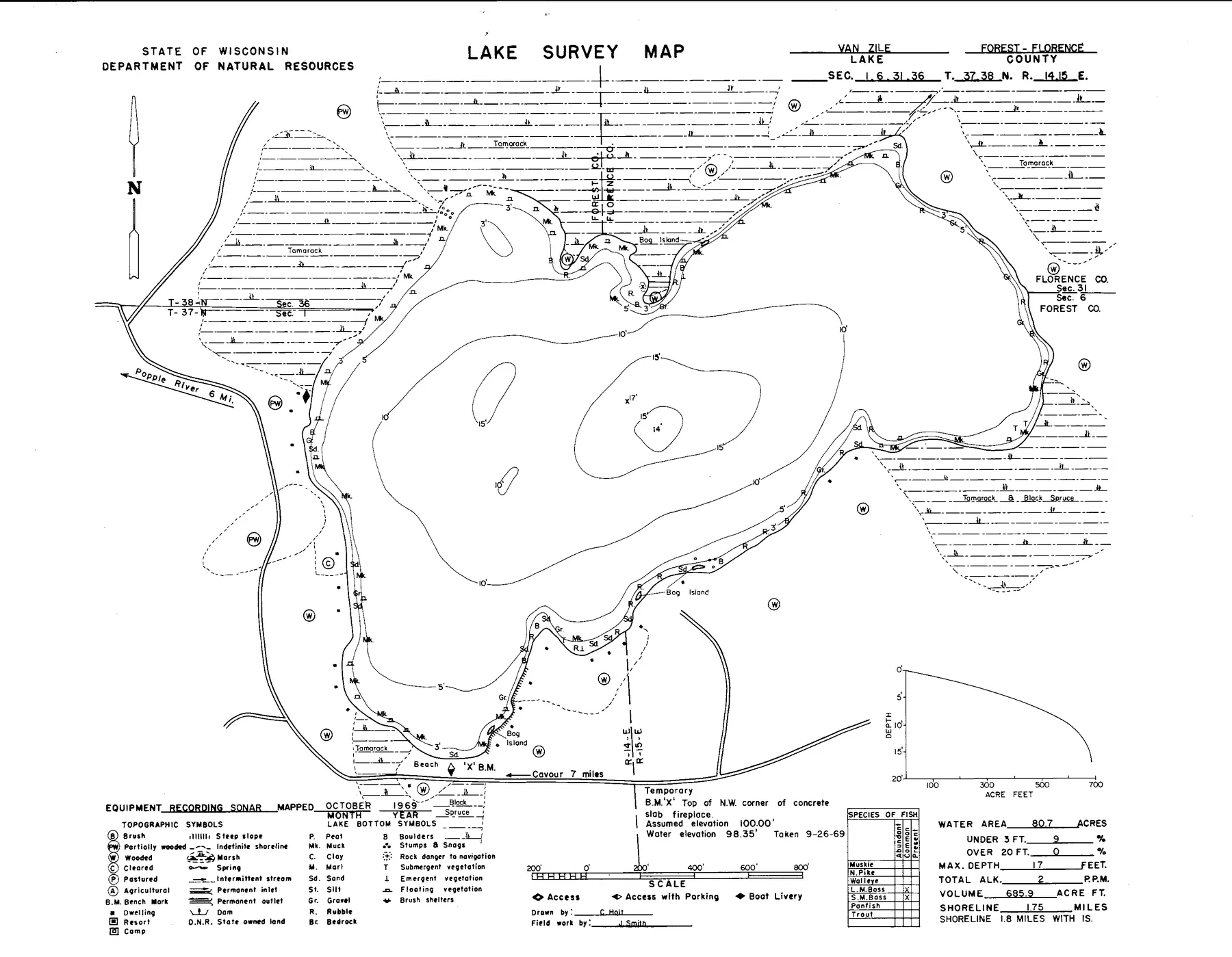 Van Zile Lake historical Wisconsin DNR depth map sheet 1