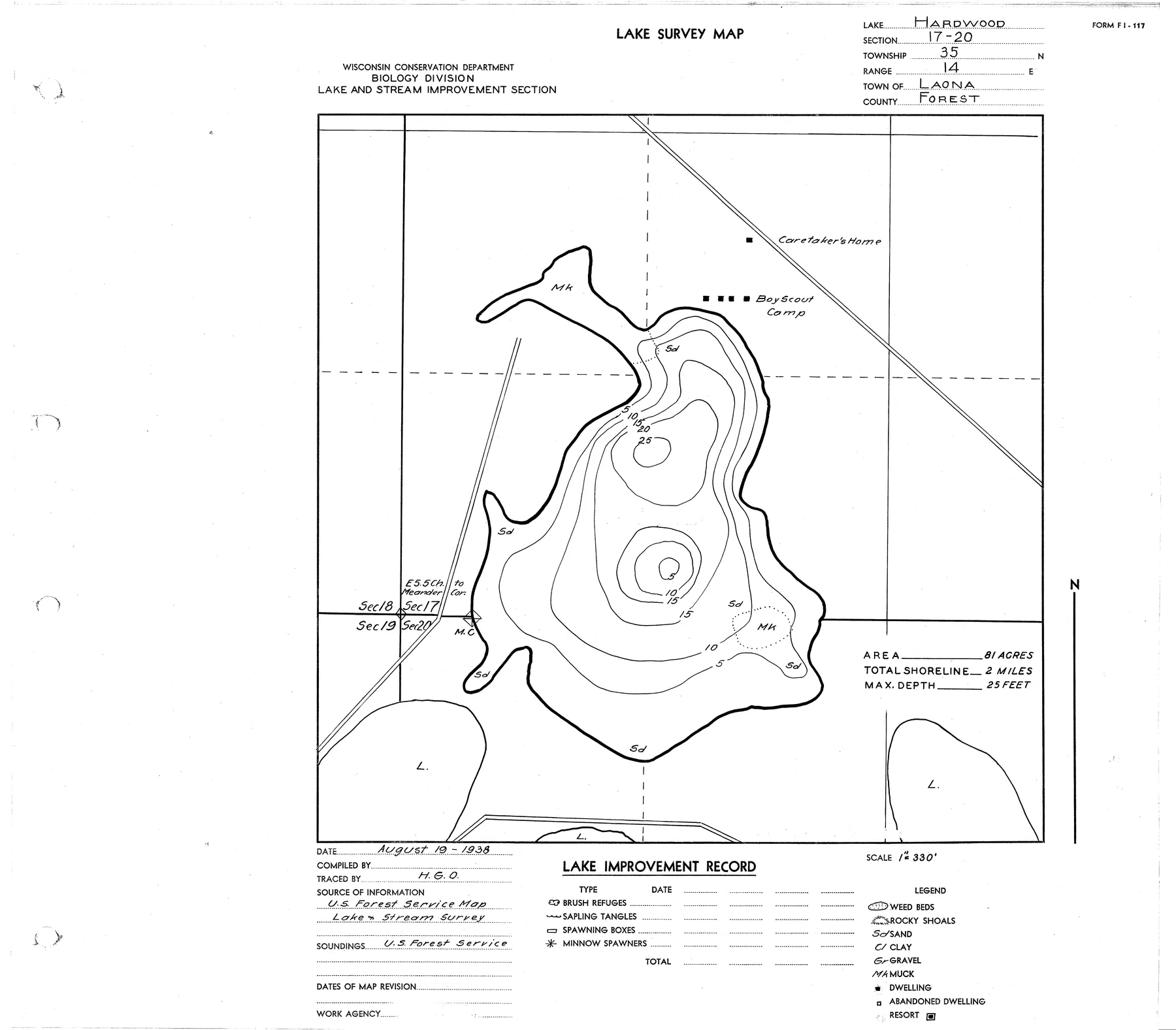 Hardwood Lake historical Wisconsin DNR depth map sheet 1