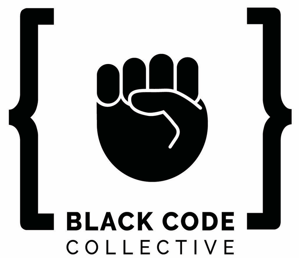 Black Code Collective logo with black fist in between curly braces