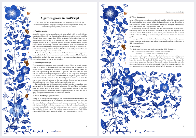 the two pages of postscript/florilegium.ps, seed 7