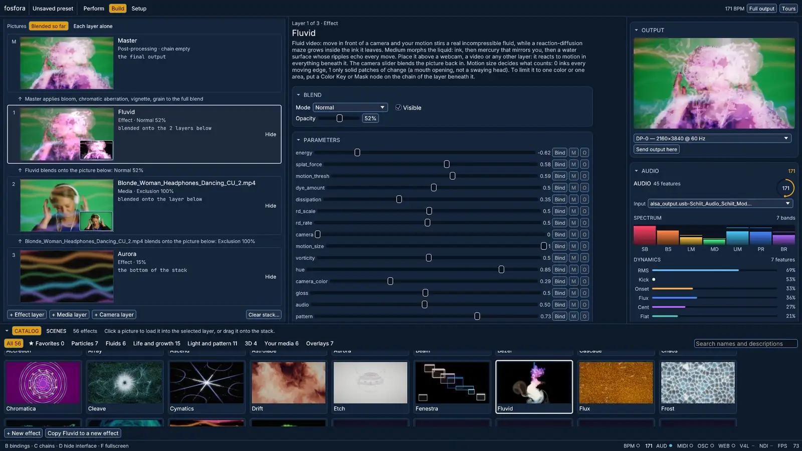 The Fosfora v2 interface: the layer stack, an effect's controls, the output and the effect catalog